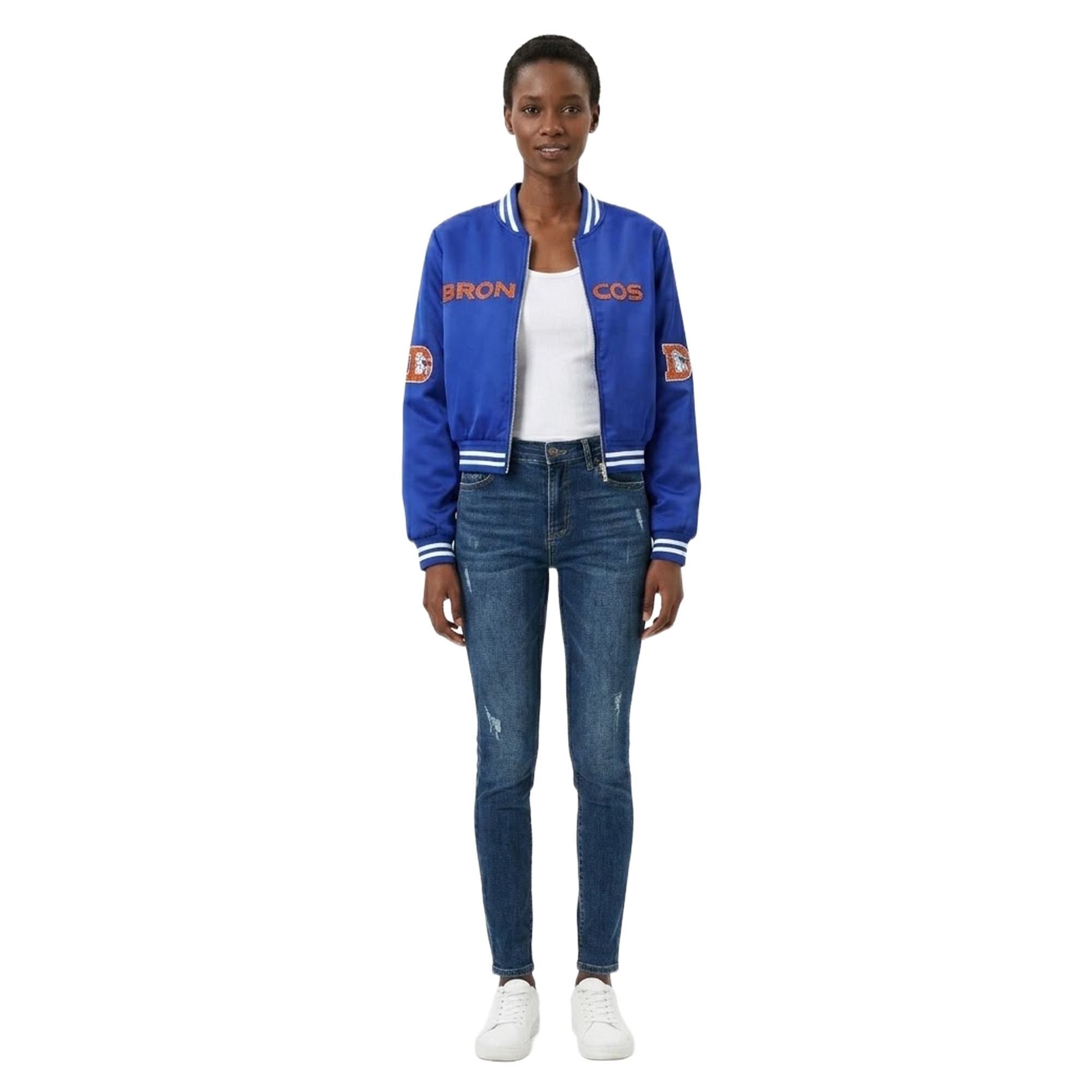 Women's FABGATING by Cuce Royal Denver Broncos Cropped Team Full-Zip Bomber Jacket
