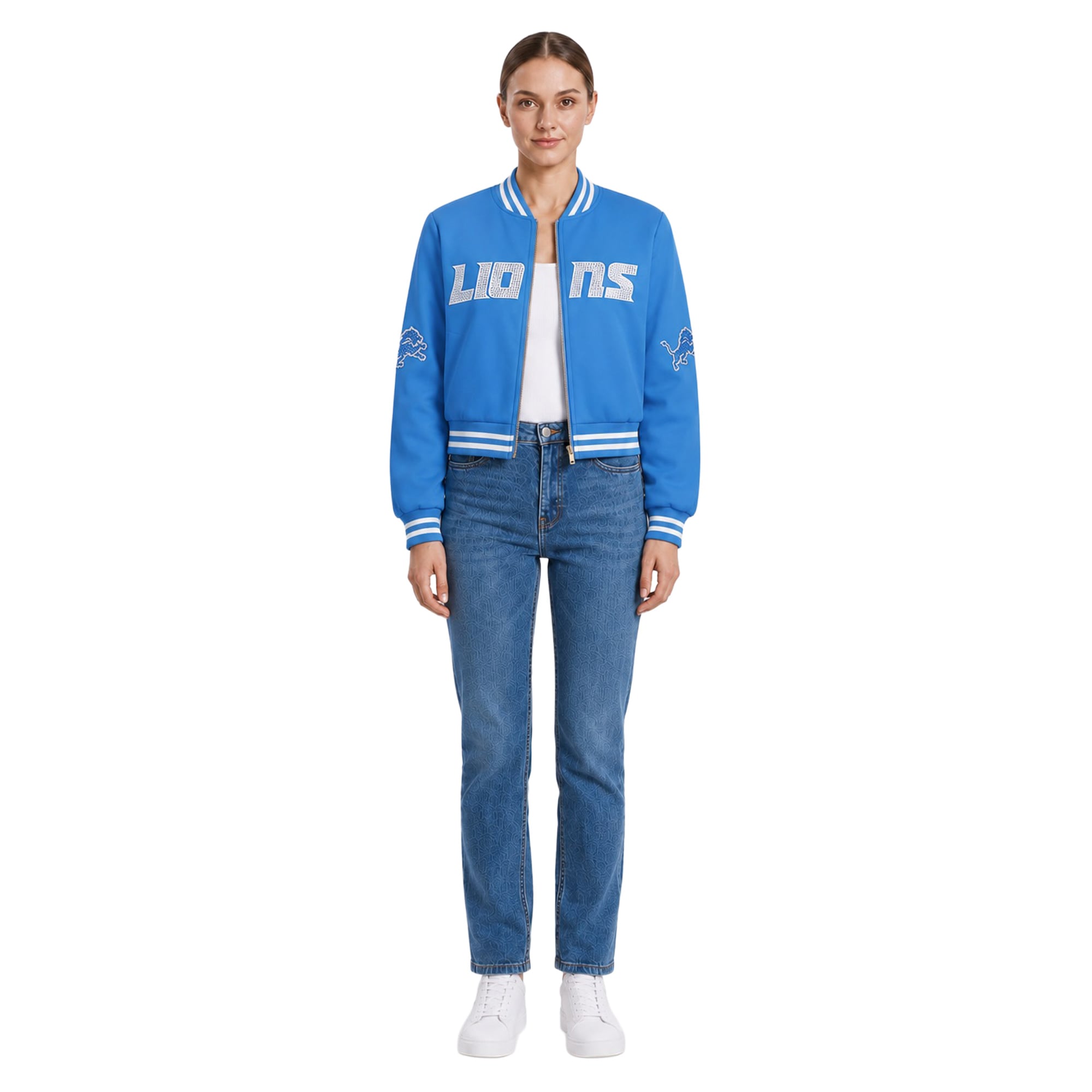 Women's FABGATING by Cuce Blue Detroit Lions Cropped Team Full-Zip Bomber Jacket