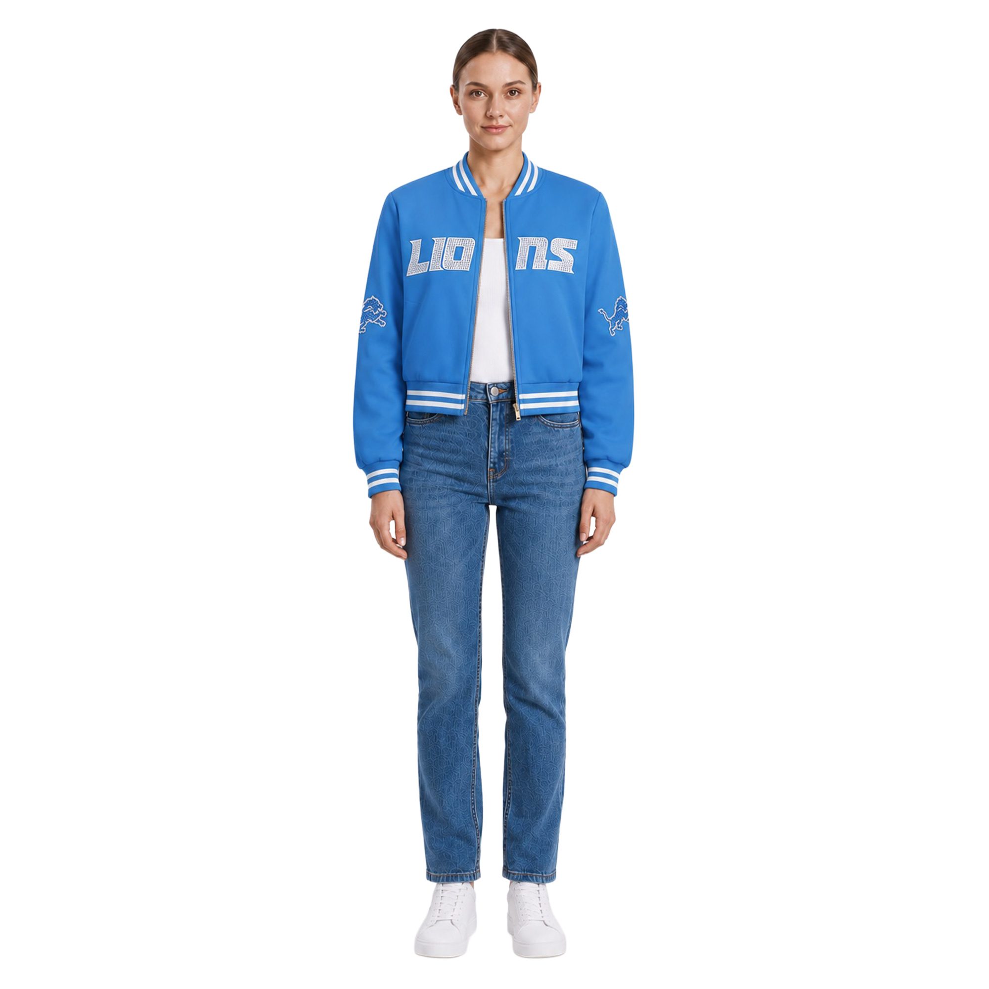 Women's FABGATING by Cuce Blue Detroit Lions Cropped Team Full-Zip Bomber Jacket