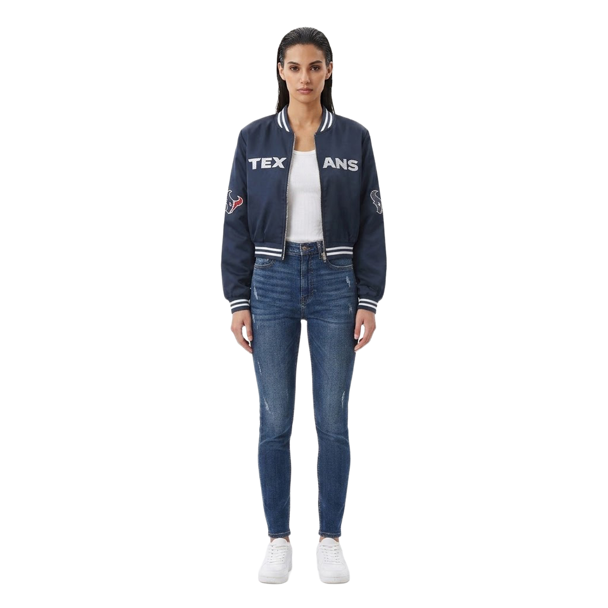 Women's FABGATING by Cuce Navy Houston Texans Cropped Team Full-Zip Bomber Jacket
