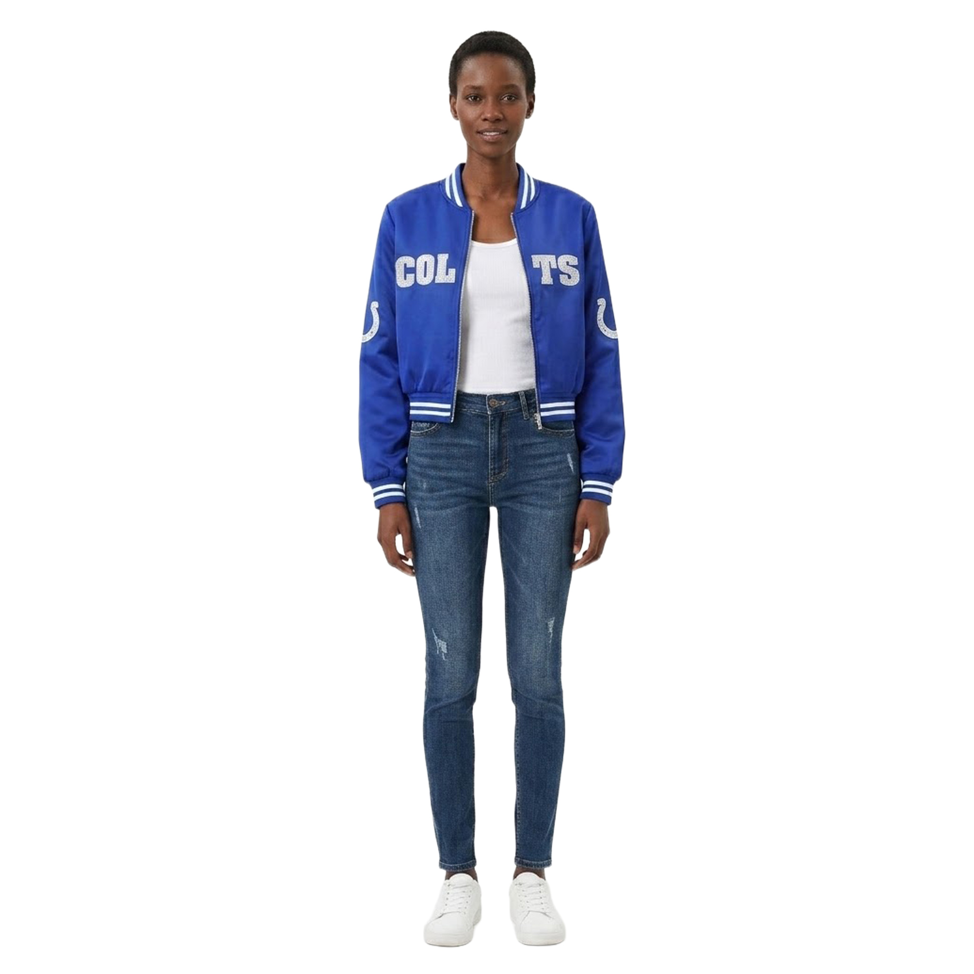 Women's FABGATING by Cuce Royal Indianapolis Colts Cropped Team Full-Zip Bomber Jacket