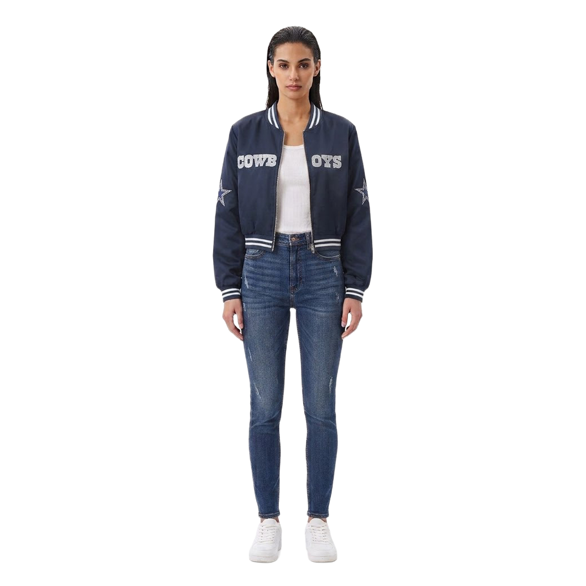 Women's FABGATING by Cuce Navy Dallas Cowboys Cropped Team Full-Zip Bomber Jacket