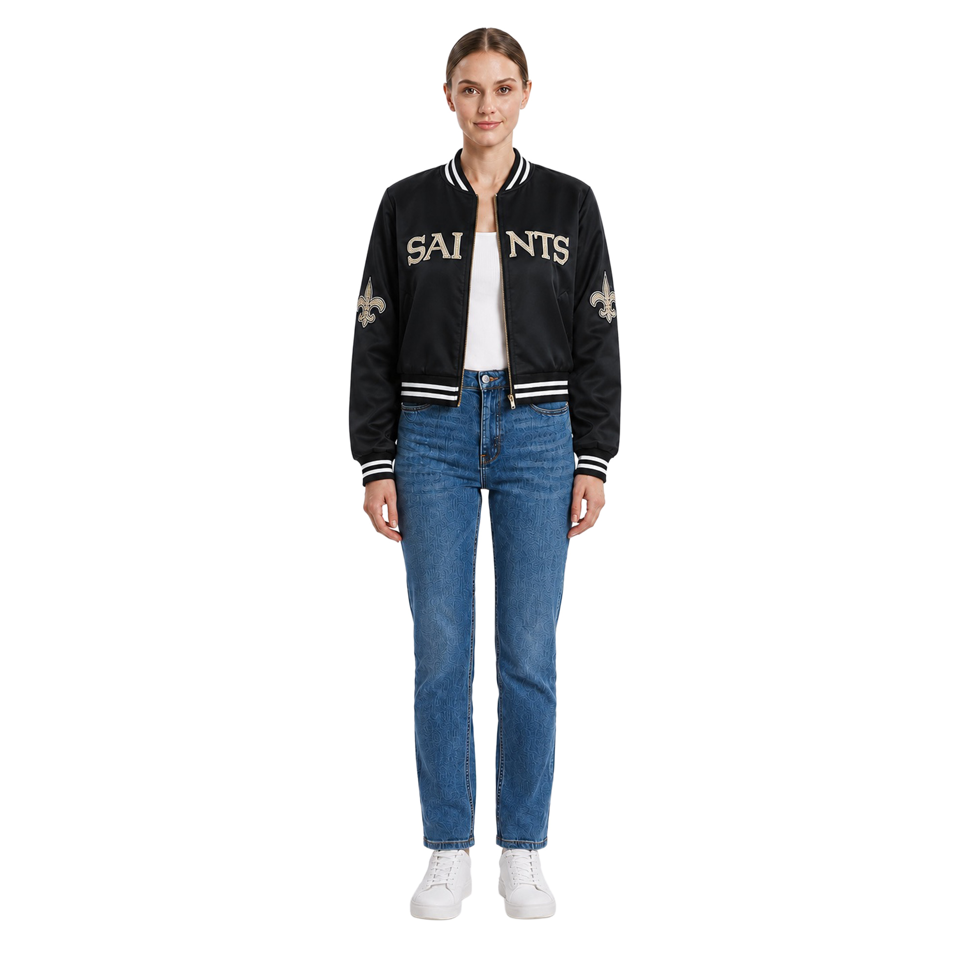 Women's FABGATING by Cuce Black New Orleans Saints Cropped Team Full-Zip Bomber Jacket