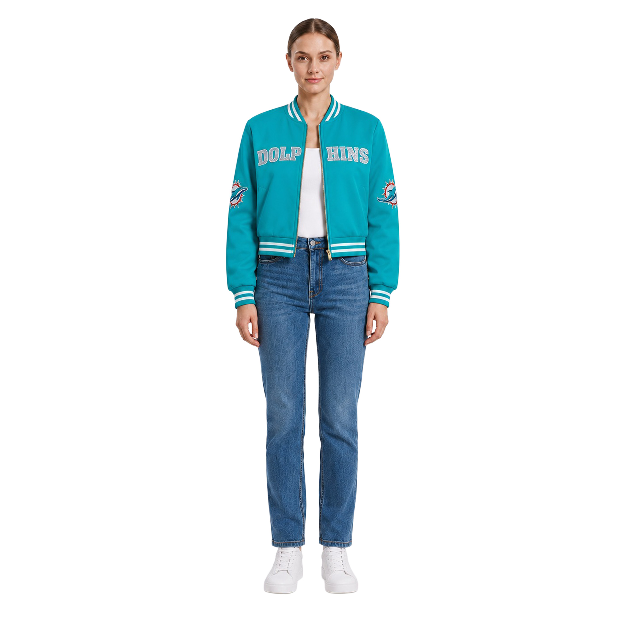 Women's FABGATING by Cuce Aqua Miami Dolphins Cropped Team Full-Zip Bomber Jacket