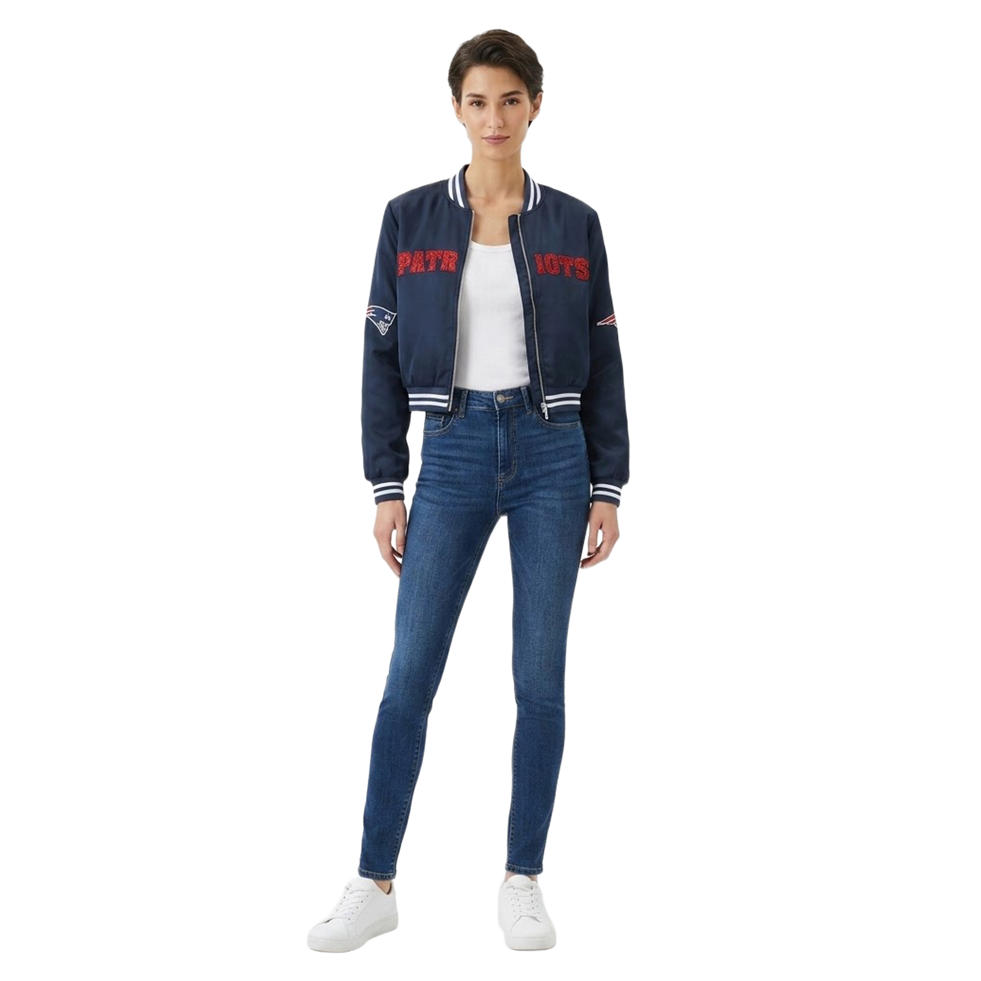 Women's FABGATING by Cuce Navy New England Patriots Cropped Team Full-Zip Bomber Jacket