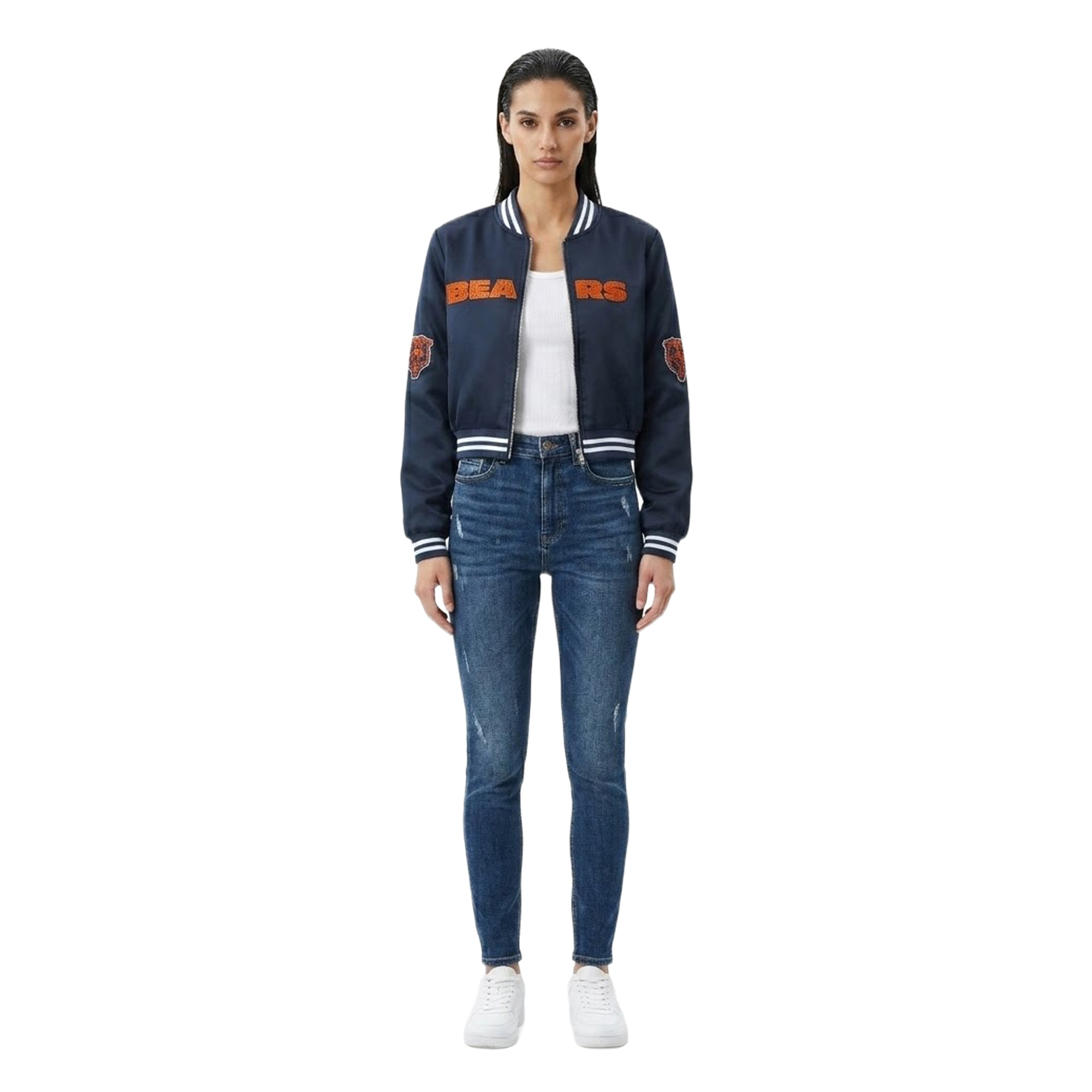 Women's FABGATING by Cuce Navy Chicago Bears Cropped Team Full-Zip Bomber Jacket