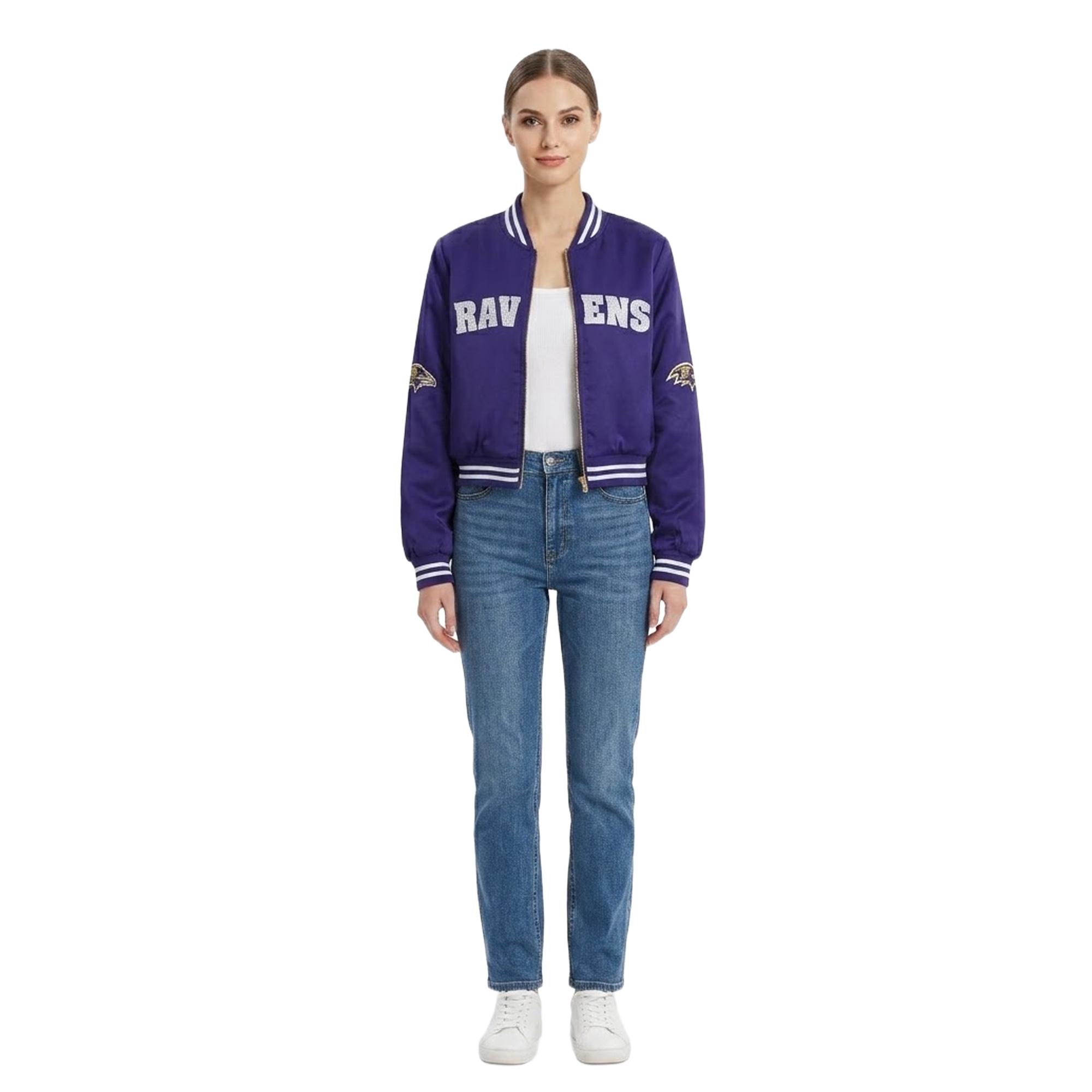 Women's FABGATING by Cuce Purple Baltimore Ravens Cropped Team Full-Zip Bomber Jacket