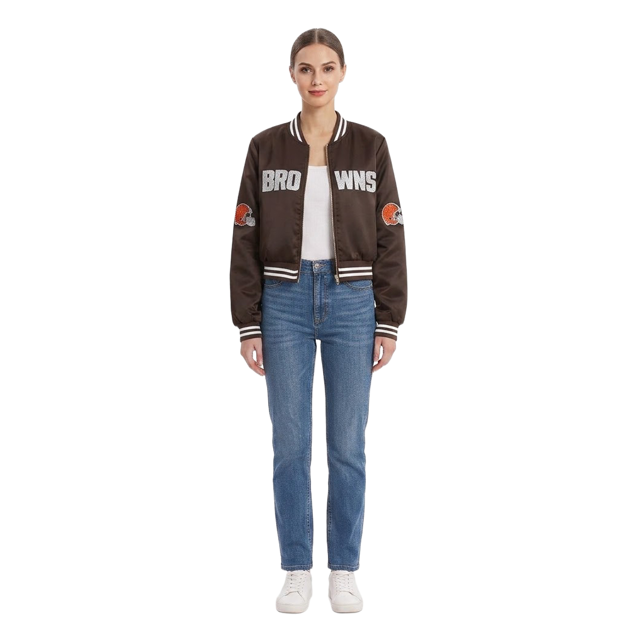 Women's FABGATING by Cuce Brown Cleveland Browns Cropped Team Full-Zip Bomber Jacket