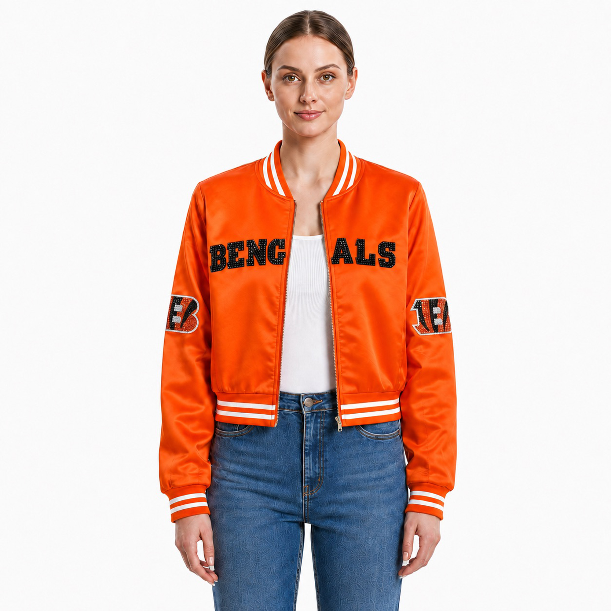 Women's FABGATING by Cuce Orange Cincinnati Bengals Cropped Team Full-Zip Bomber Jacket