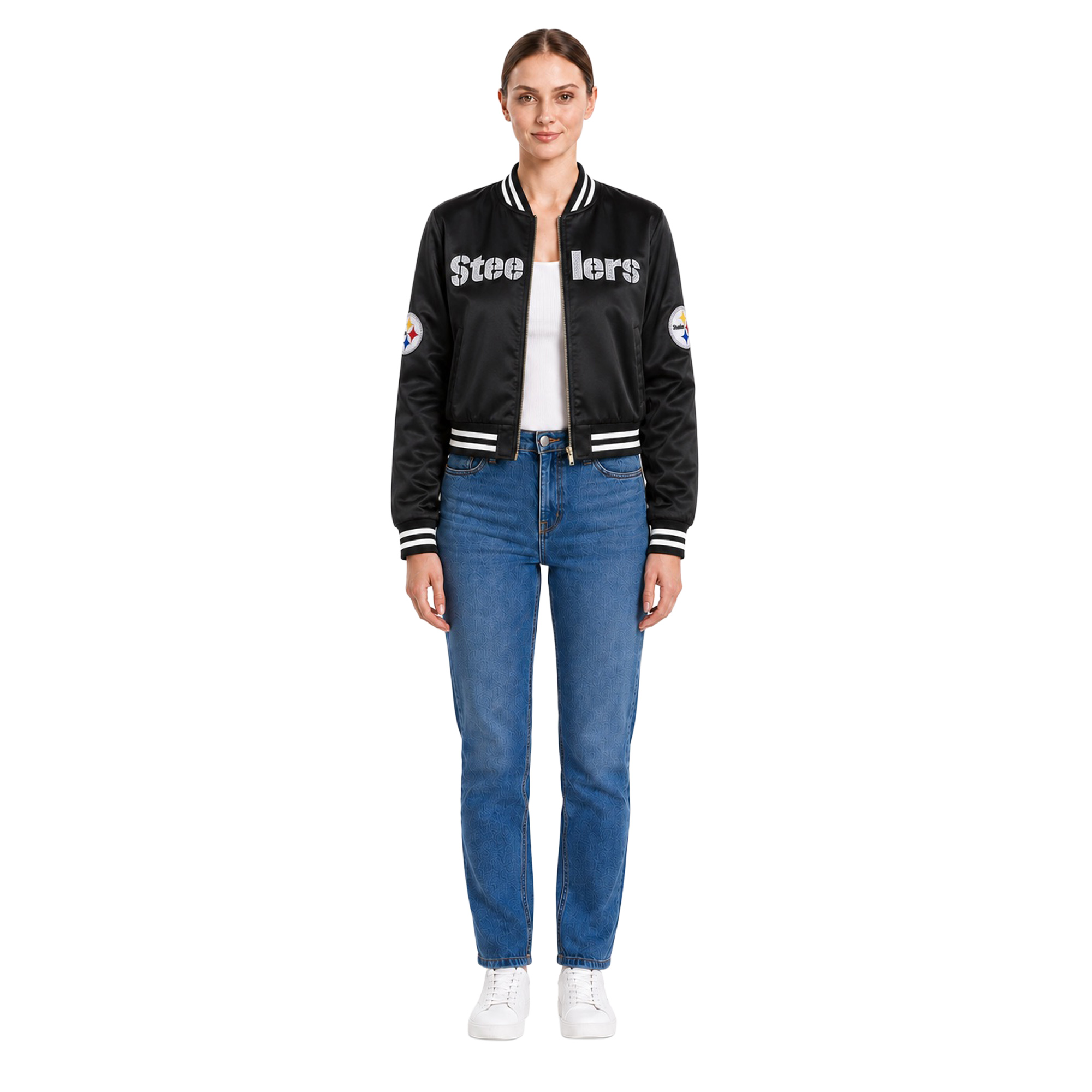 Women's FABGATING by Cuce Black Pittsburgh Steelers Cropped Team Full-Zip Bomber Jacket