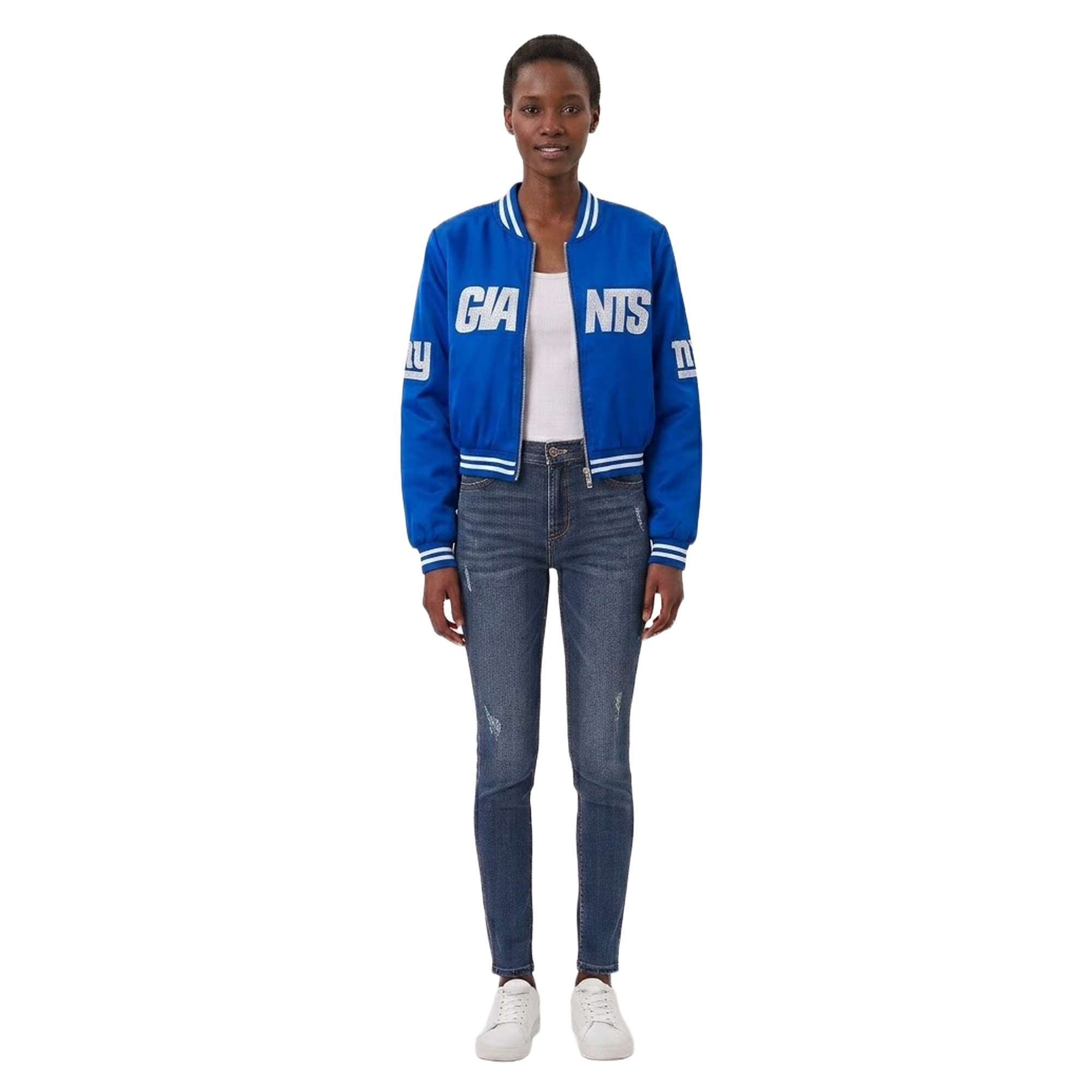 Women's FABGATING by Cuce Royal New York Giants Cropped Team Full-Zip Bomber Jacket