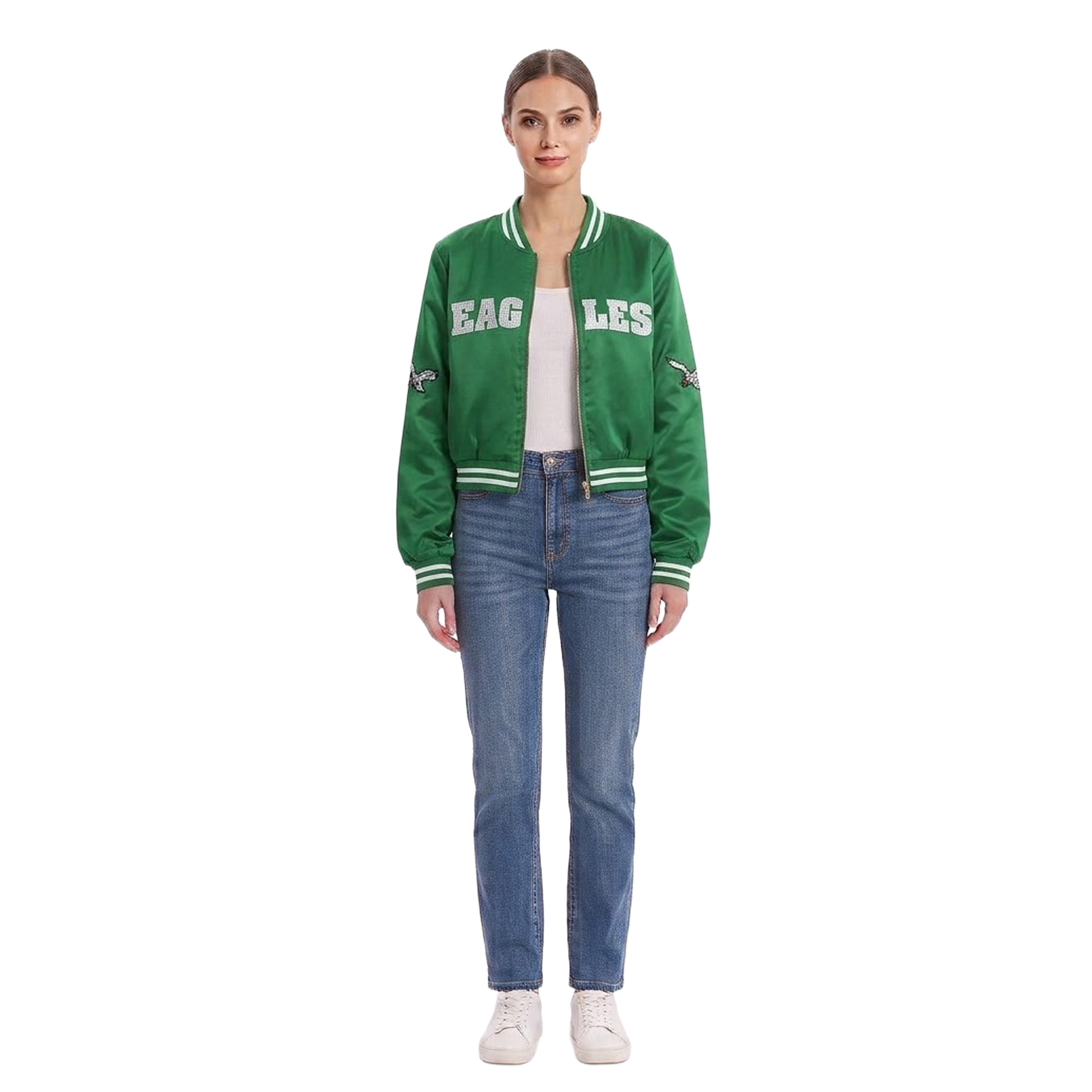 Women's FABGATING by Cuce Kelly Green Philadelphia Eagles Cropped Team Full-Zip Bomber Jacket