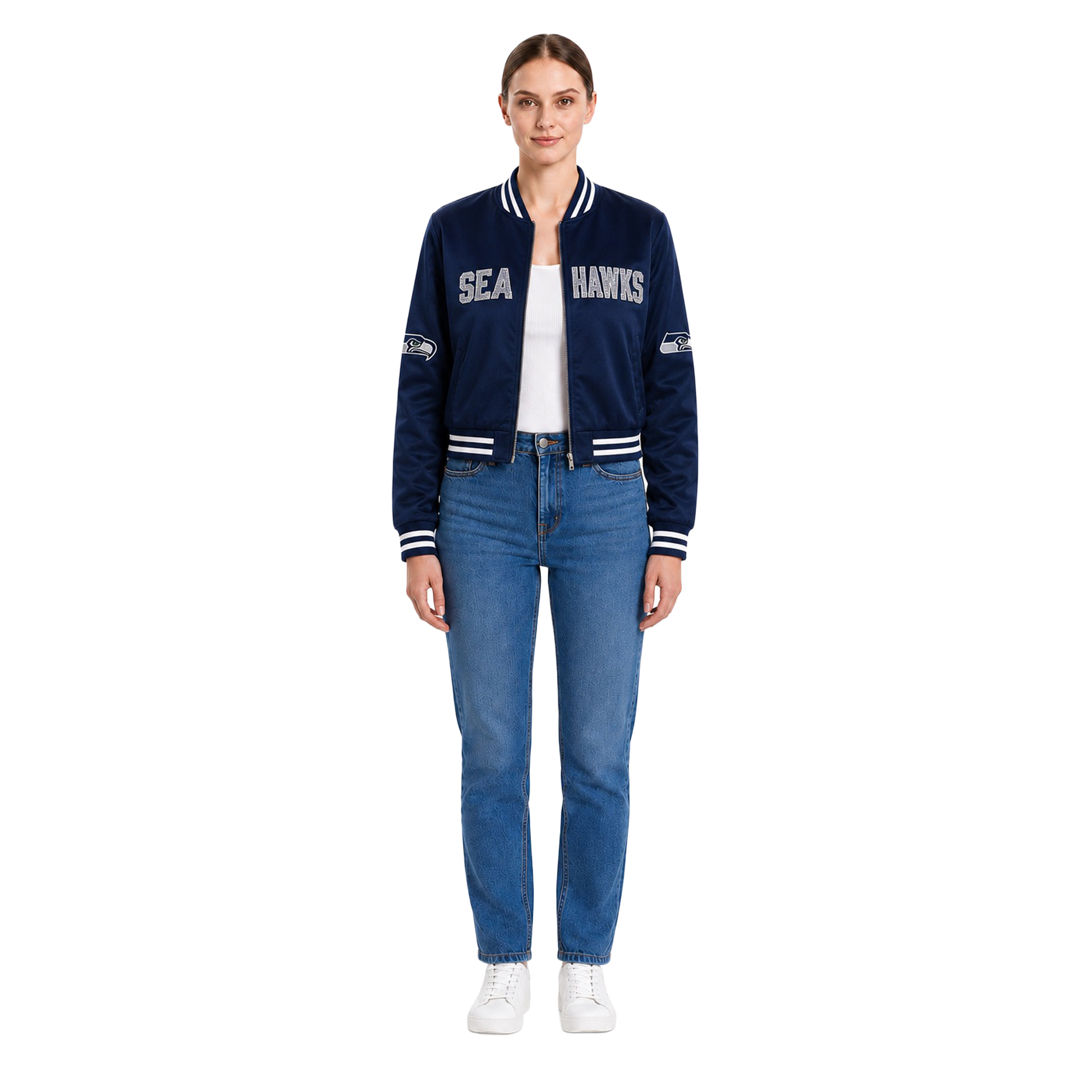 Women's FABGATING by Cuce College Navy Seattle Seahawks Cropped Team Full-Zip Bomber Jacket