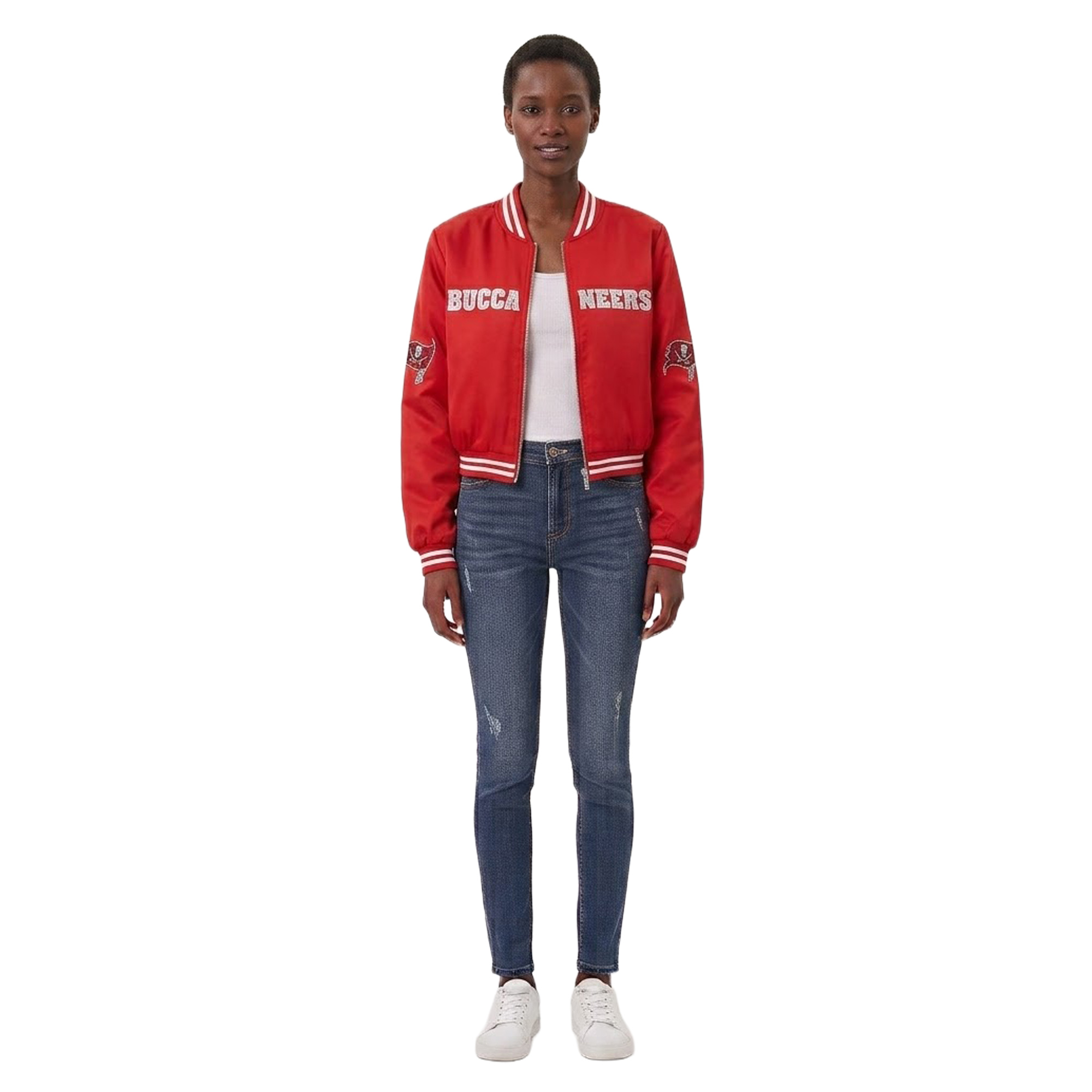 Women's FABGATING by Cuce Red Tampa Bay Buccaneers Cropped Team Full-Zip Bomber Jacket