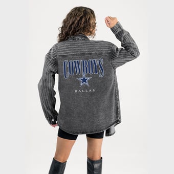 Women's Gameday Couture  Black Dallas Cowboys End Zone Energy Rhinestone Washed Full-Snap Denim Overshirt