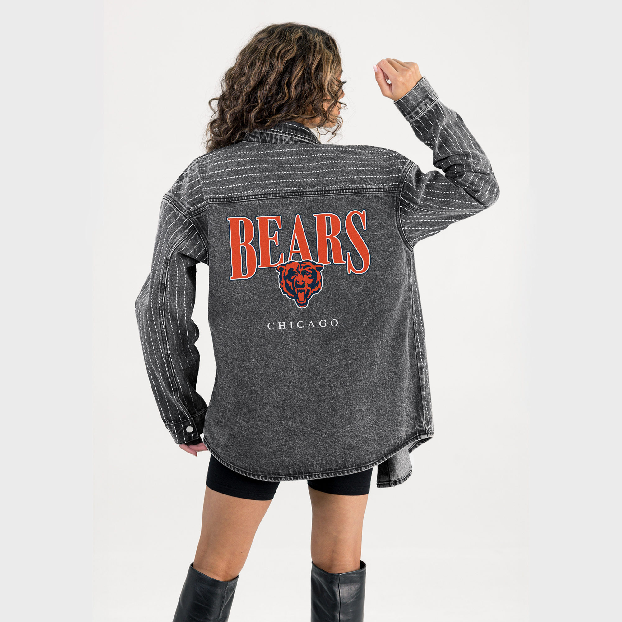 Women's Gameday Couture  Black Chicago Bears End Zone Energy Rhinestone Washed Full-Snap Denim Overshirt