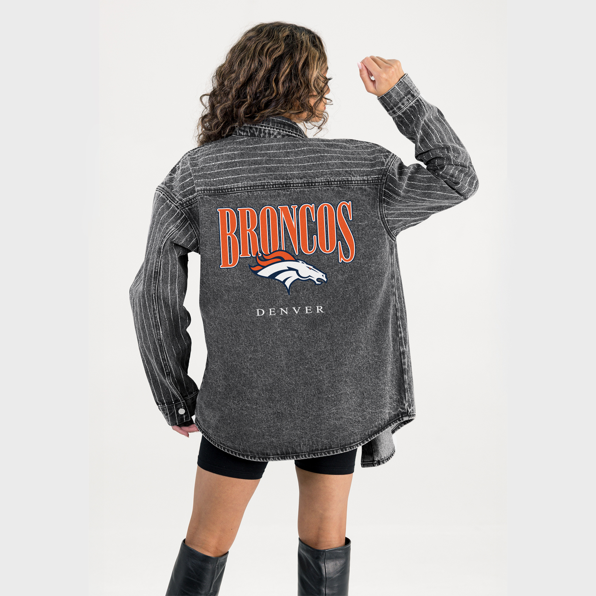 Women's Gameday Couture  Black Denver Broncos End Zone Energy Rhinestone Washed Full-Snap Denim Overshirt