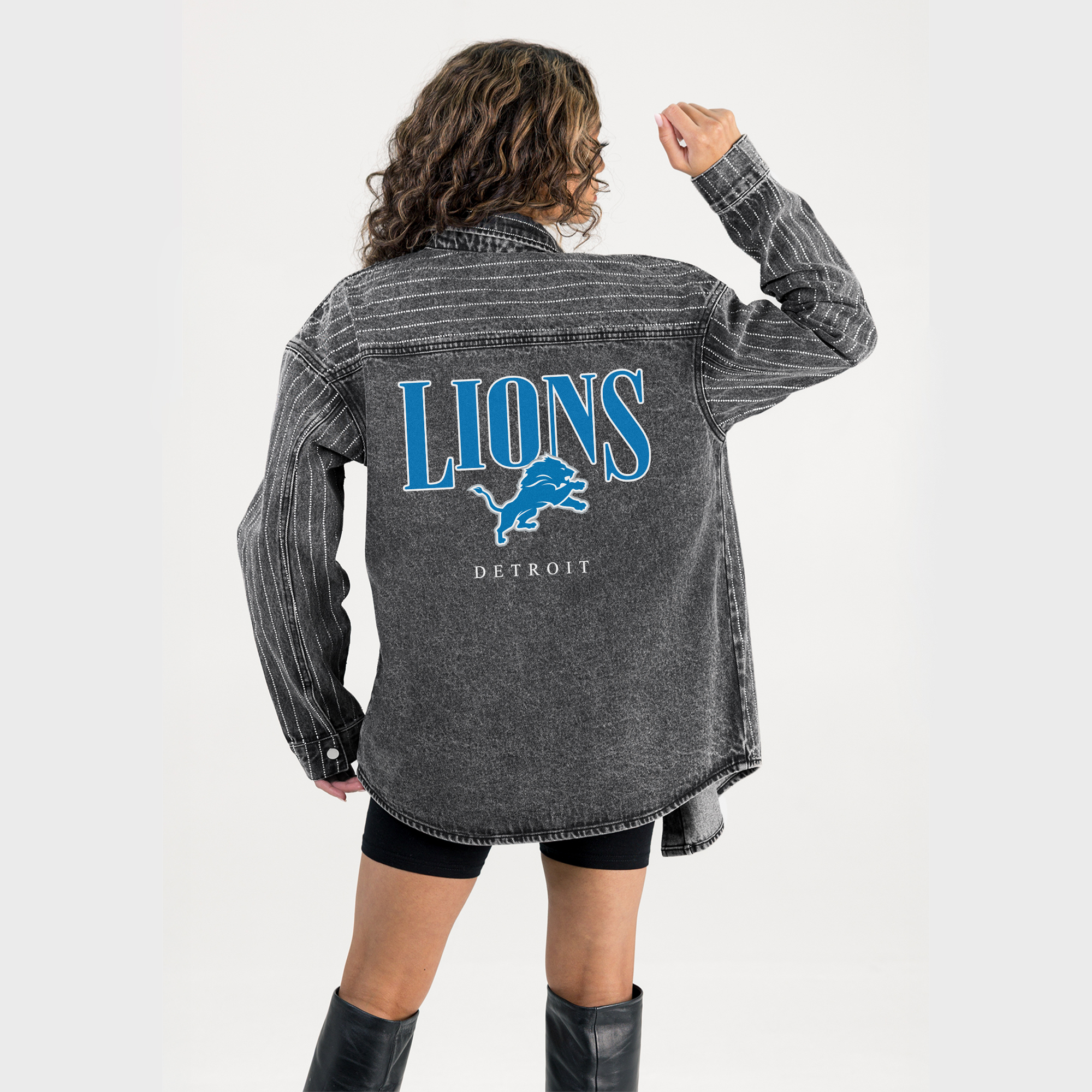 Women's Gameday Couture Black Detroit Lions End Zone Energy Rhinestone Washed Full-Snap Denim Overshirt