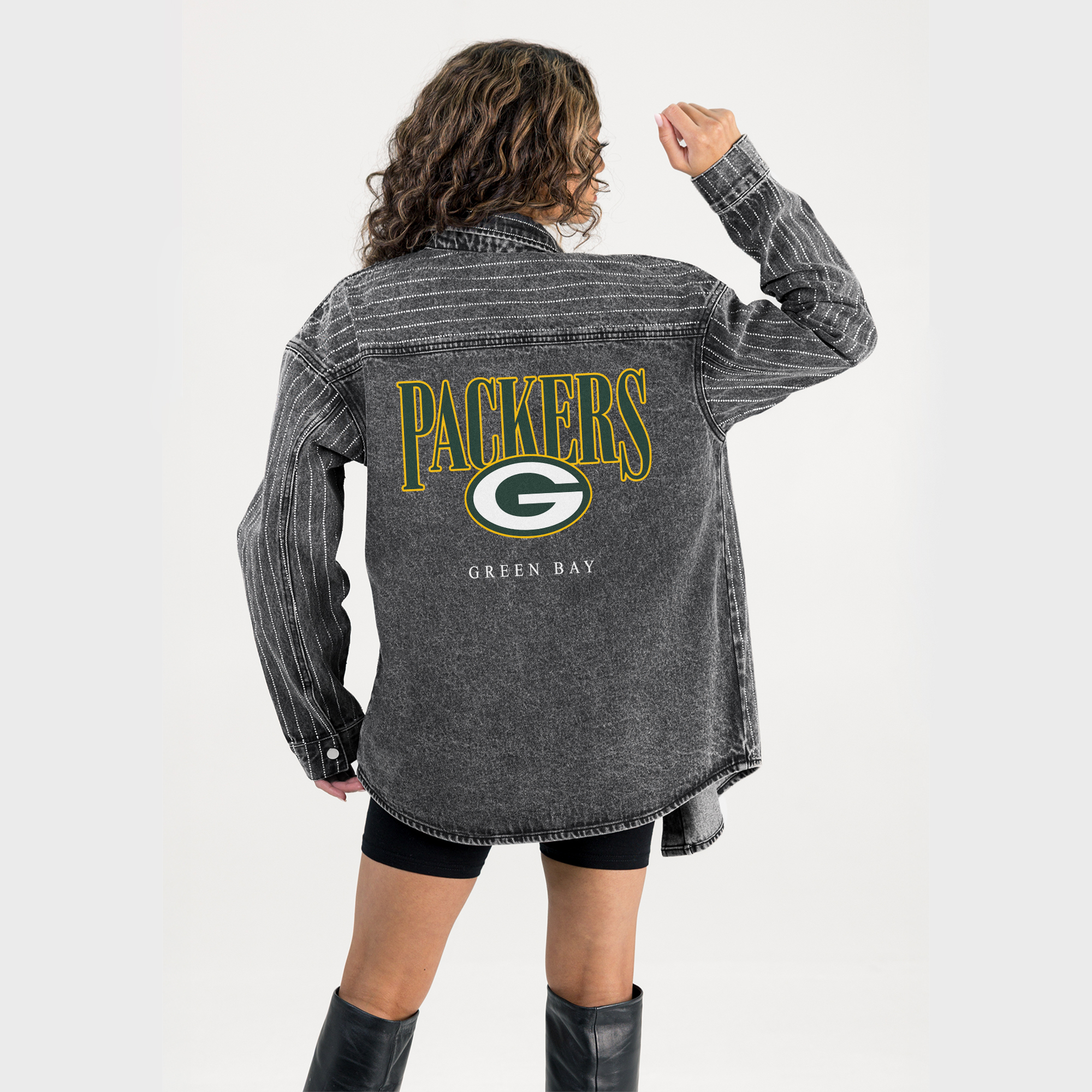 Women's Gameday Couture  Black Green Bay Packers End Zone Energy Rhinestone Washed Full-Snap Denim Overshirt