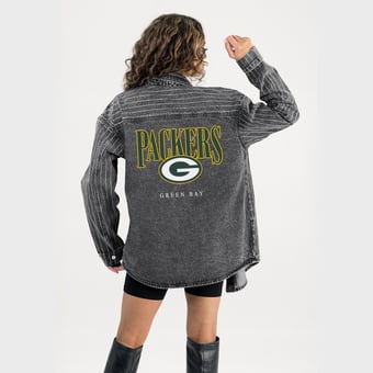 Women's Gameday Couture  Black Green Bay Packers End Zone Energy Rhinestone Washed Full-Snap Denim Overshirt