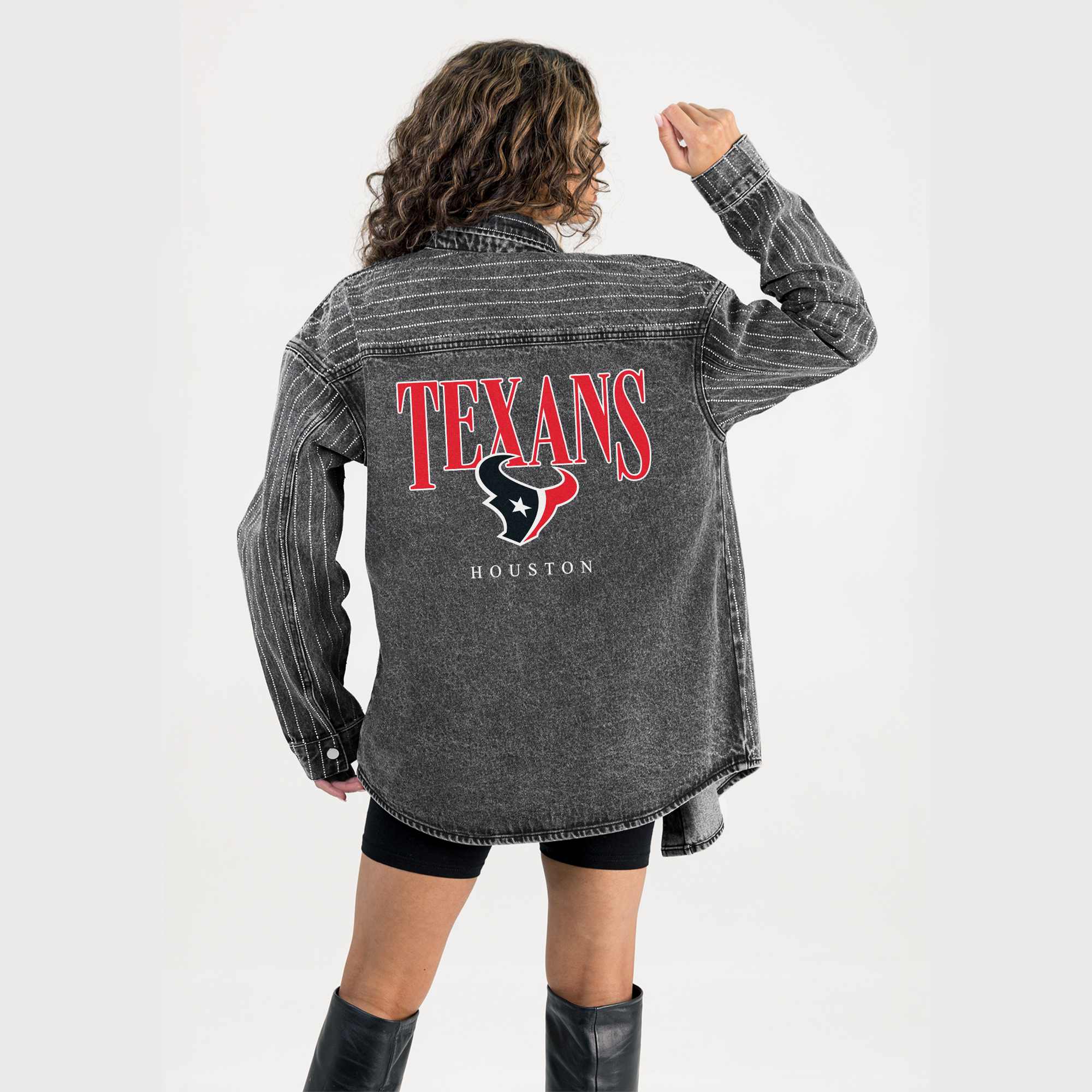 Women's Gameday Couture  Black Houston Texans End Zone Energy Rhinestone Washed Full-Snap Denim Overshirt