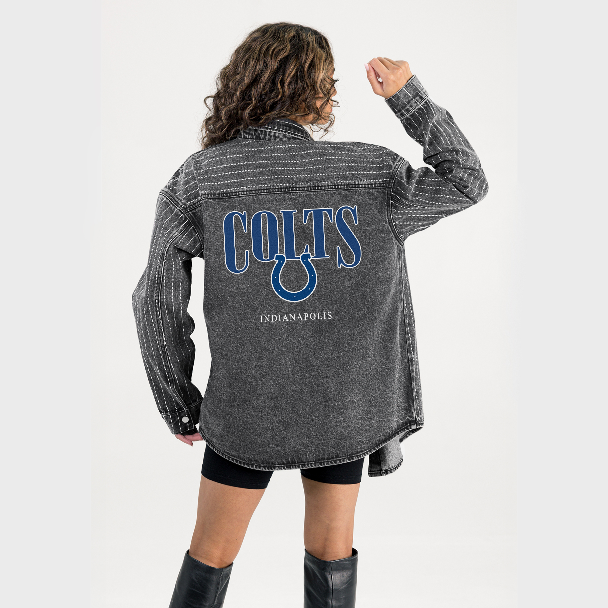 Women's Gameday Couture Black Indianapolis Colts End Zone Energy Rhinestone Washed Full-Snap Denim Overshirt