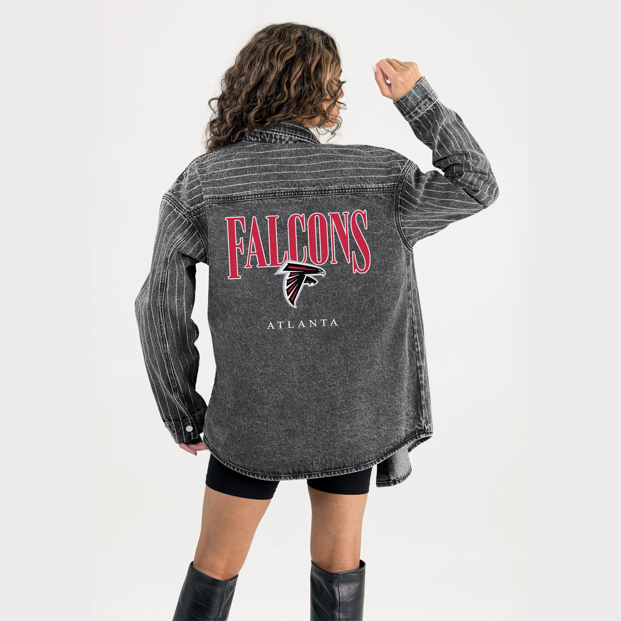 Women's Gameday Couture Black Atlanta Falcons End Zone Energy Rhinestone Washed Full-Snap Denim Overshirt