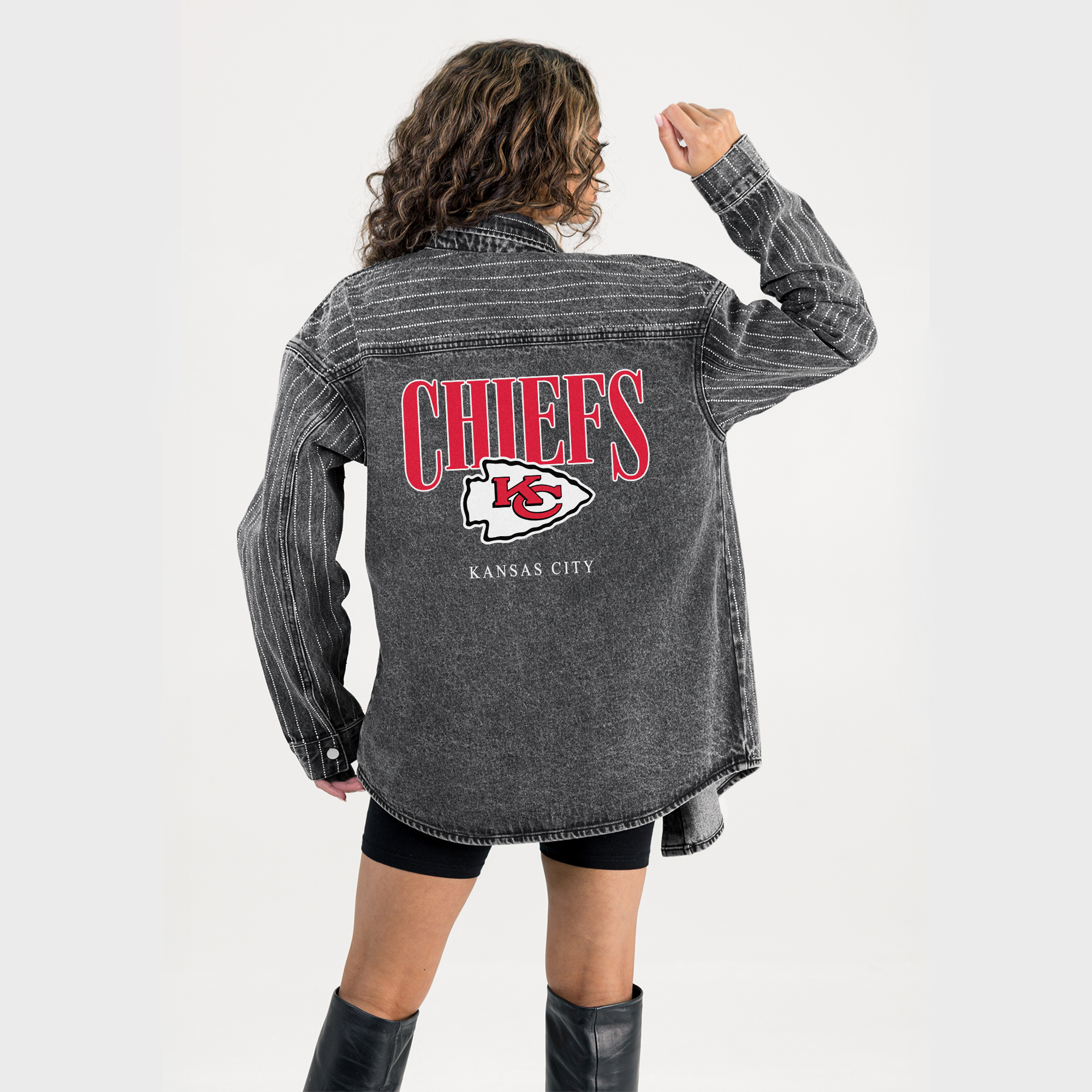 Women's Gameday Couture  Black Kansas City Chiefs End Zone Energy Rhinestone Washed Full-Snap Denim Overshirt