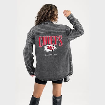 Women's Gameday Couture  Black Kansas City Chiefs End Zone Energy Rhinestone Washed Full-Snap Denim Overshirt