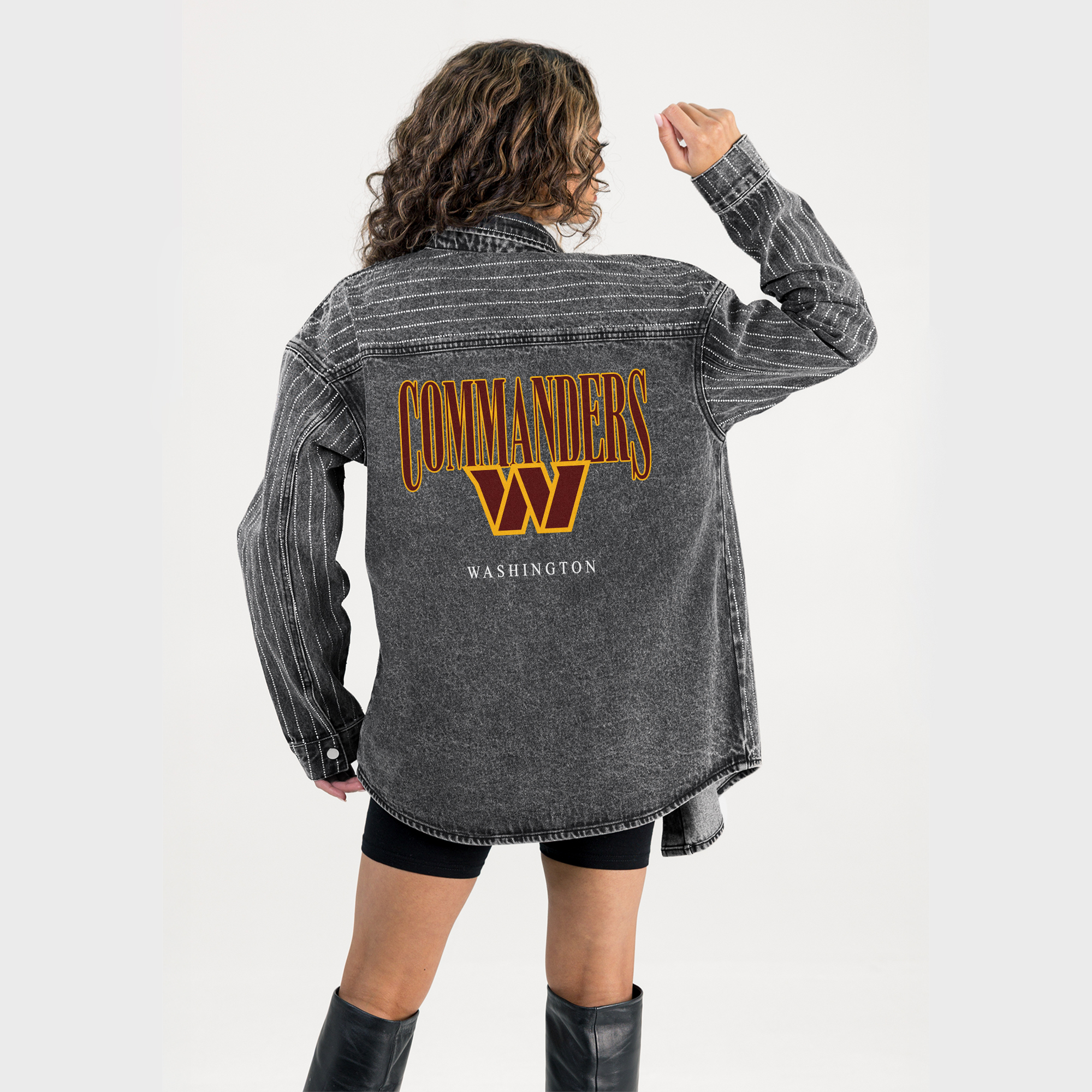 Women's Gameday Couture Black Washington Commanders End Zone Energy Rhinestone Washed Full-Snap Denim Overshirt