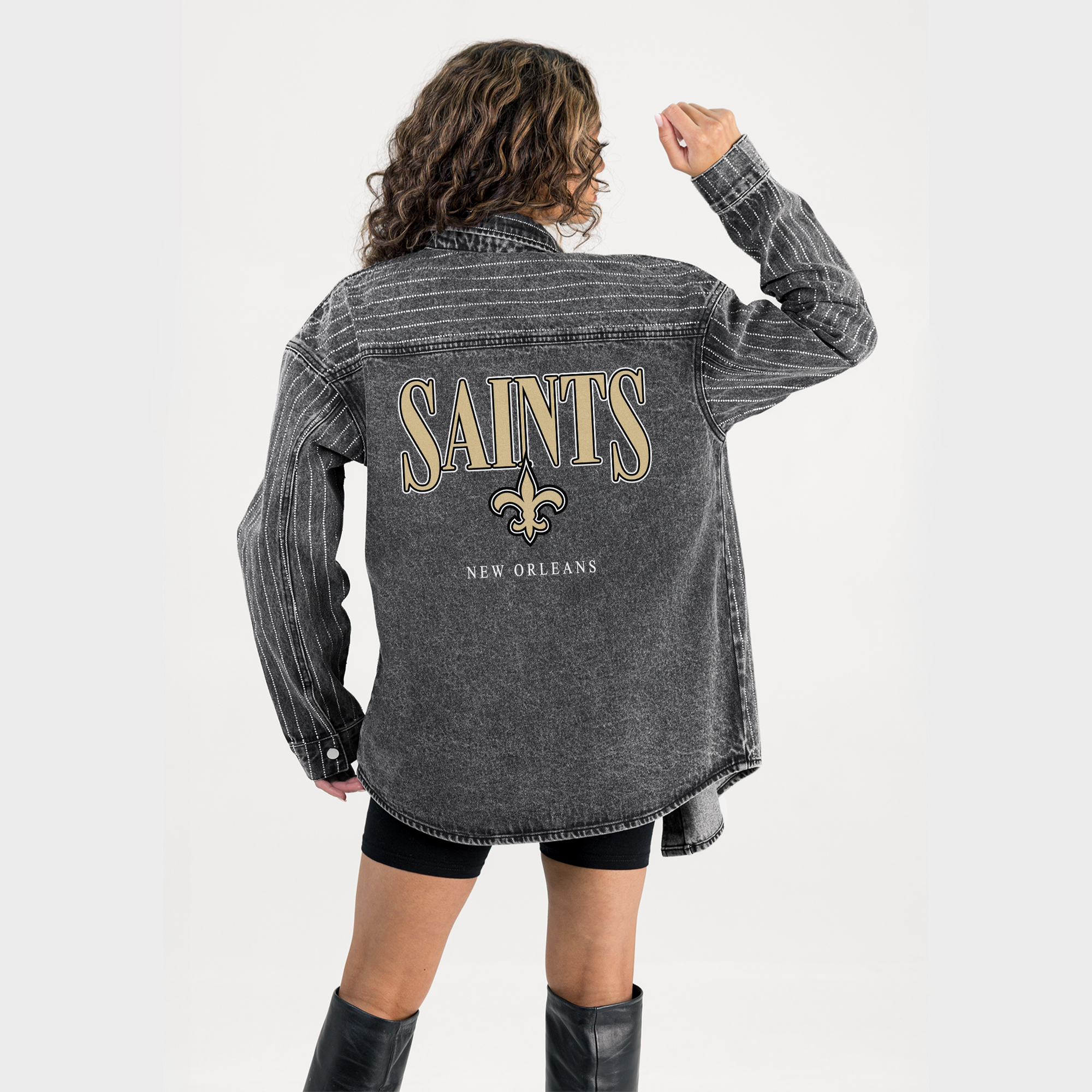 Women's Gameday Couture  Black New Orleans Saints End Zone Energy Rhinestone Washed Full-Snap Denim Overshirt