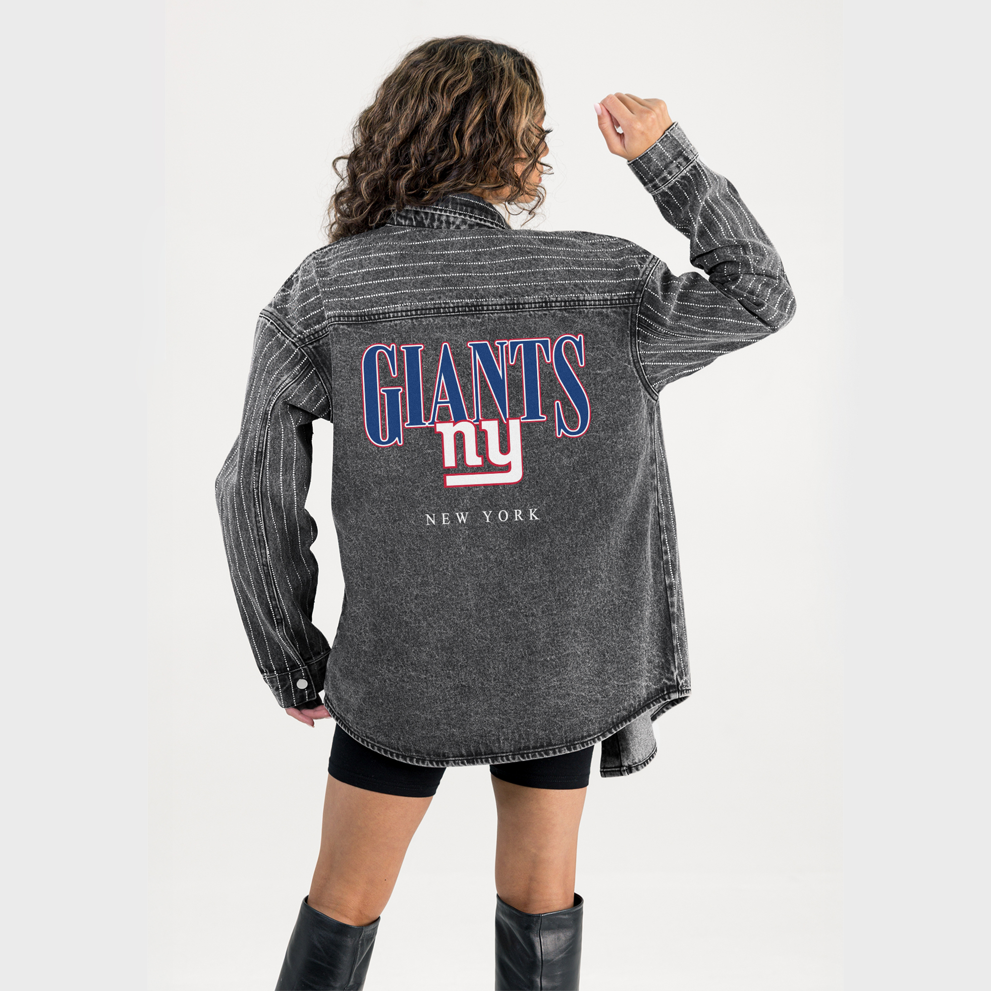 Women's Gameday Couture  Black New York Giants End Zone Energy Rhinestone Washed Full-Snap Denim Overshirt