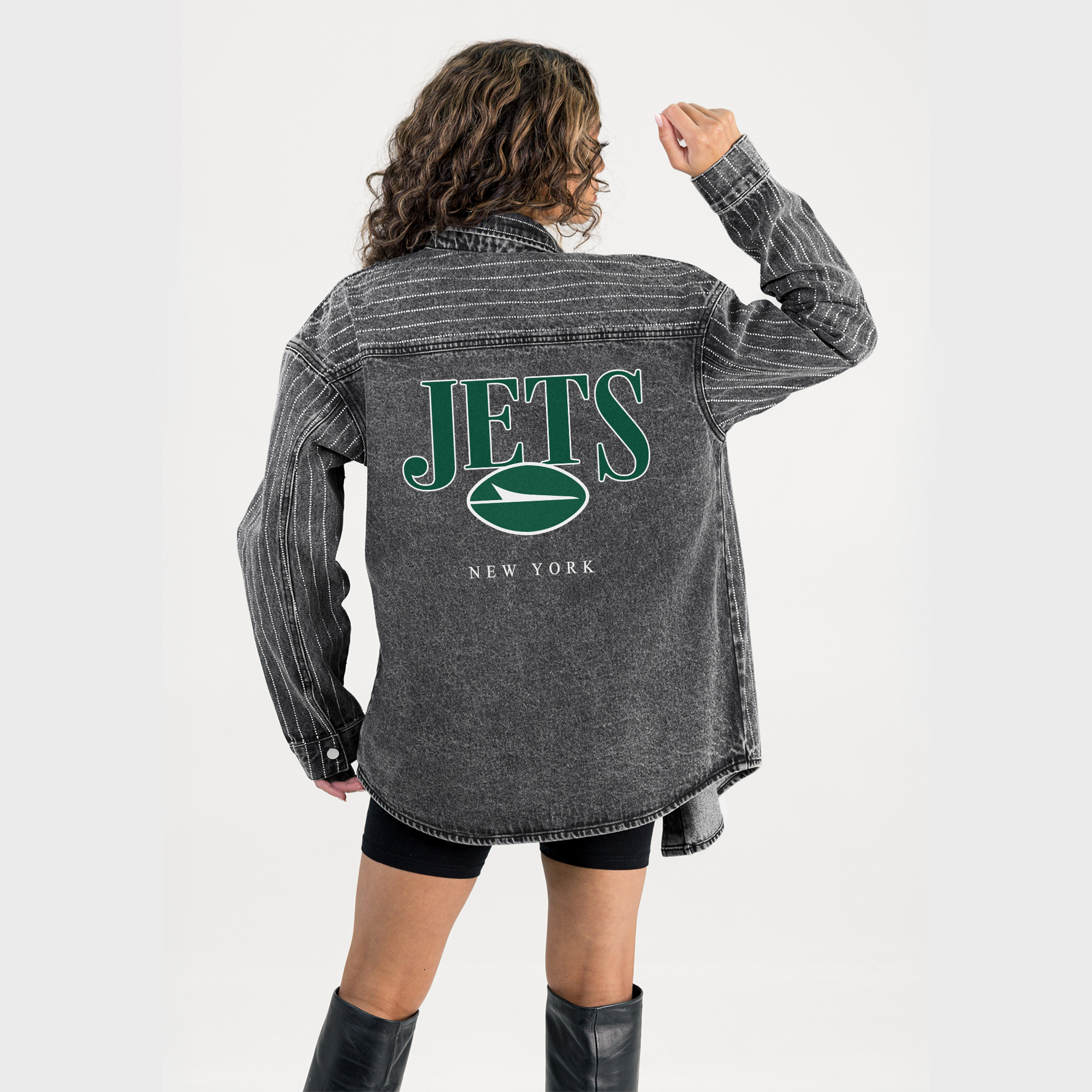 Women's Gameday Couture  Black New York Jets End Zone Energy Rhinestone Washed Full-Snap Denim Overshirt