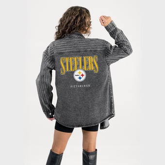 Women's Gameday Couture  Black Pittsburgh Steelers End Zone Energy Rhinestone Washed Full-Snap Denim Overshirt