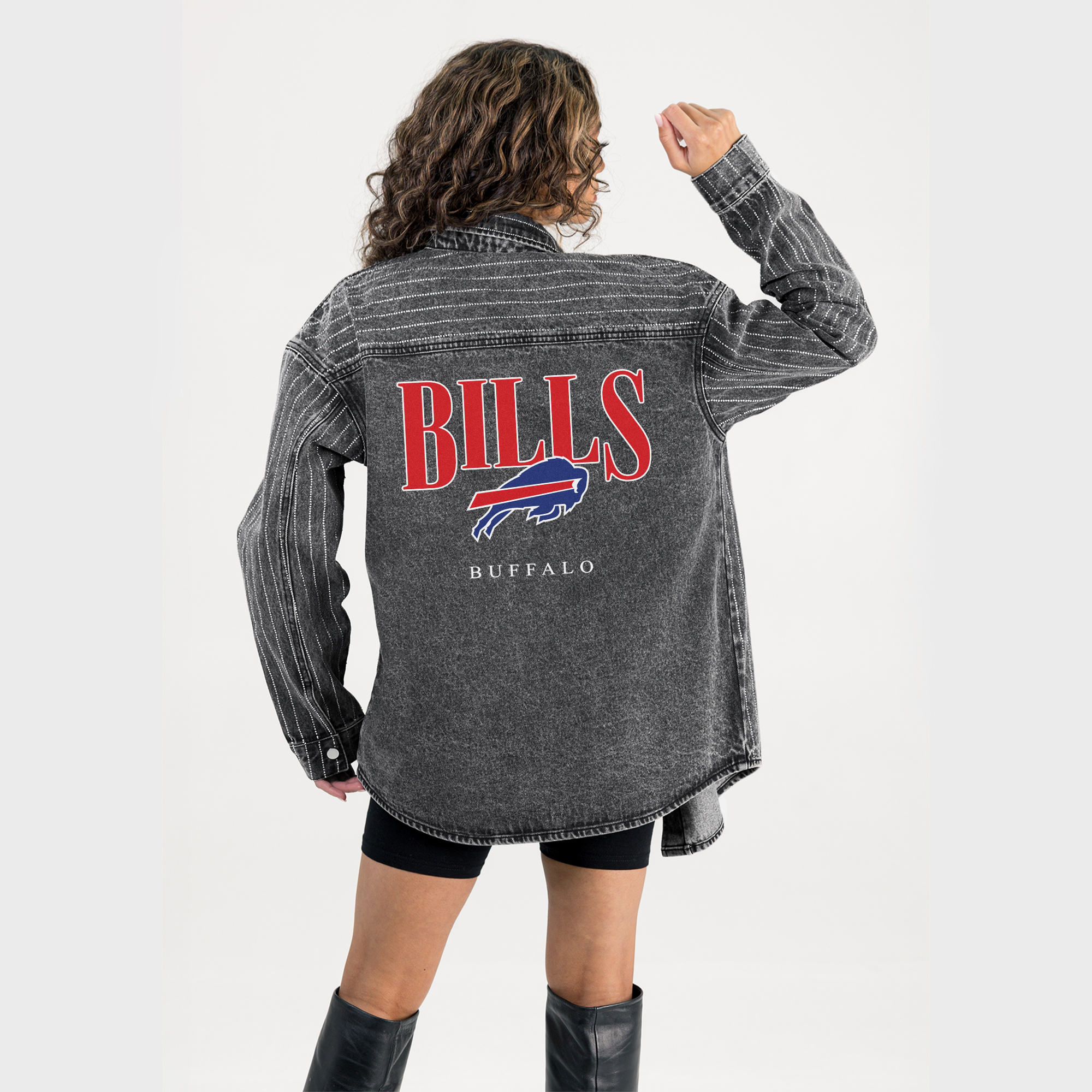 Women's Gameday Couture Black Buffalo Bills End Zone Energy Rhinestone Washed Full-Snap Denim Overshirt