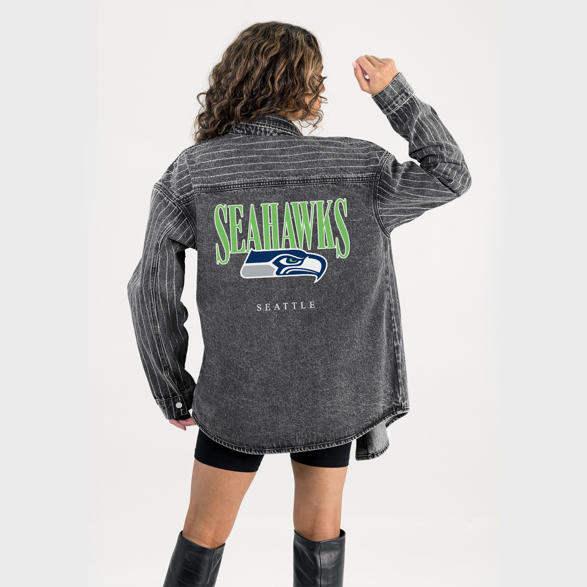 Women's Gameday Couture  Black Seattle Seahawks End Zone Energy Rhinestone Washed Full-Snap Denim Overshirt