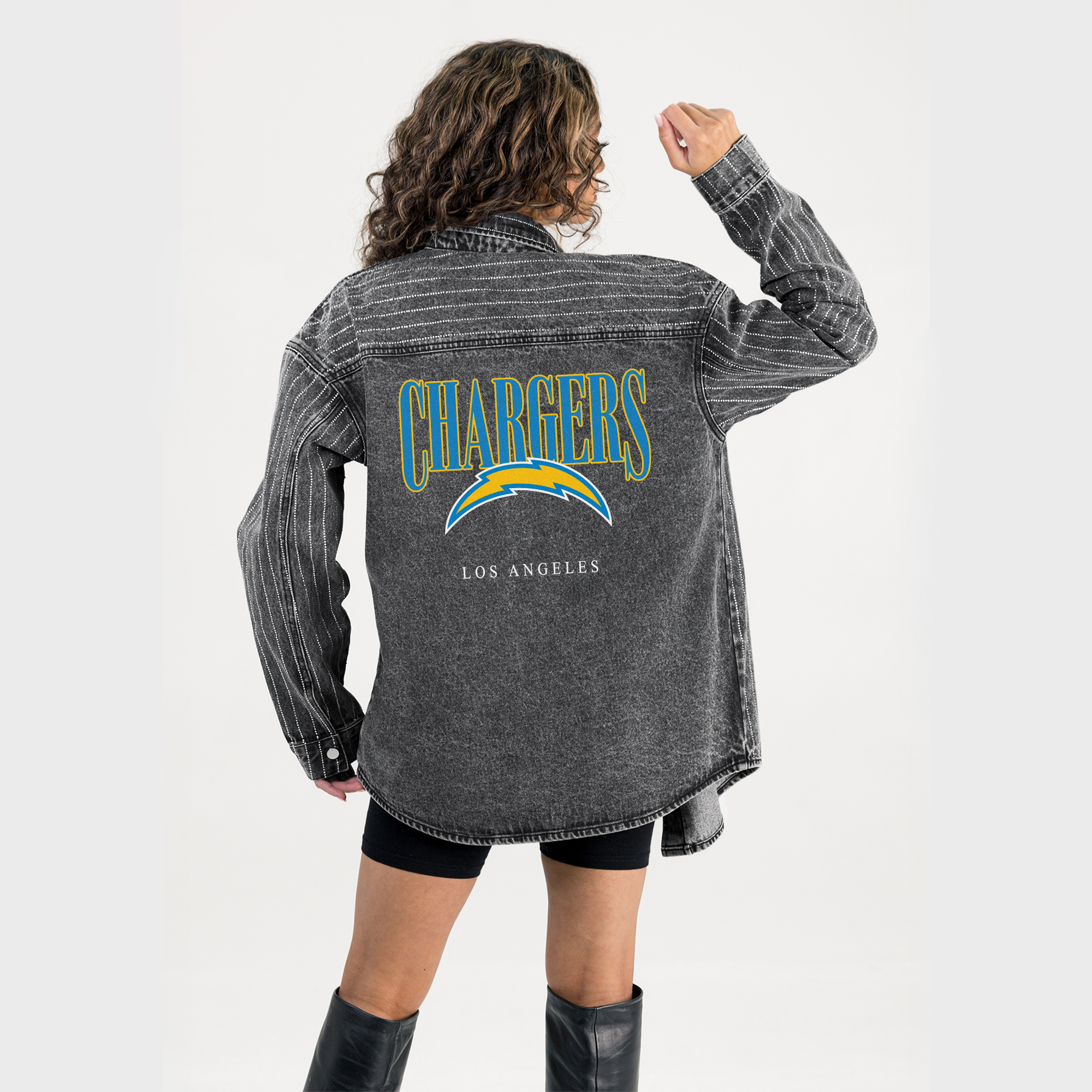 Women's Gameday Couture  Black Los Angeles Chargers End Zone Energy Rhinestone Washed Full-Snap Denim Overshirt