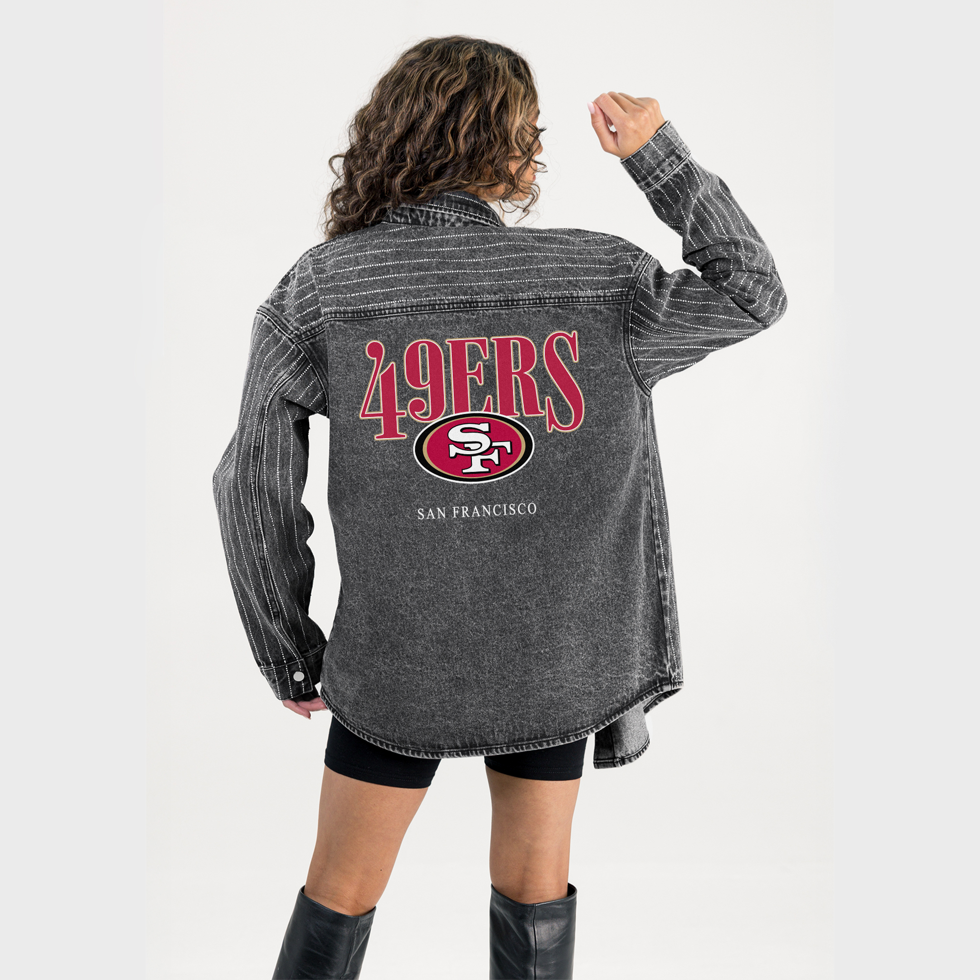 Women's Gameday Couture  Black San Francisco 49ers End Zone Energy Rhinestone Washed Full-Snap Denim Overshirt