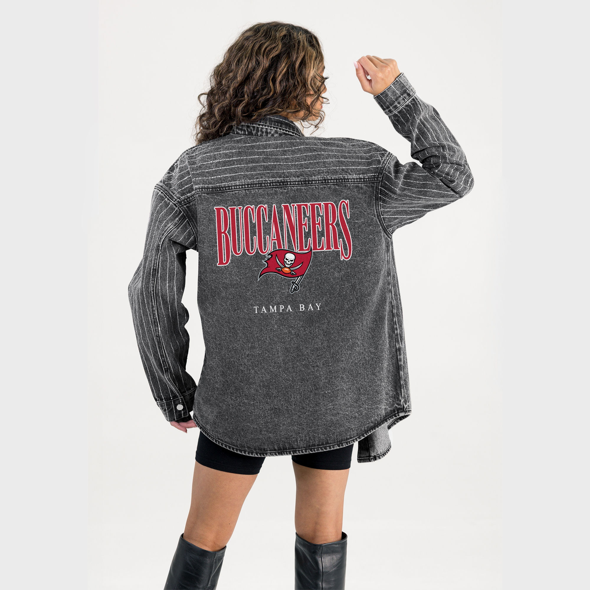 Women's Gameday Couture Black Tampa Bay Buccaneers End Zone Energy Rhinestone Washed Full-Snap Denim Overshirt