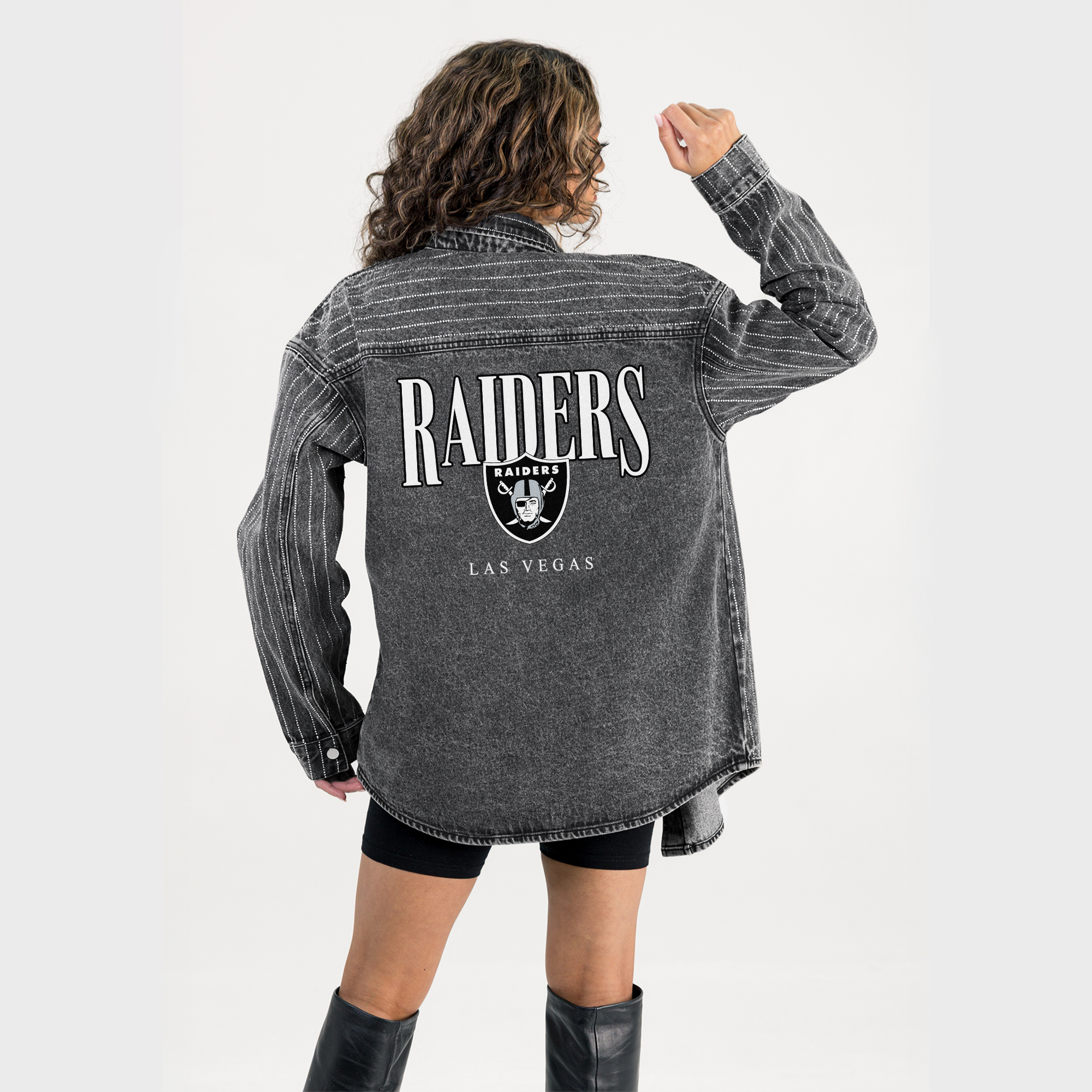 Women's Gameday Couture  Black Las Vegas Raiders End Zone Energy Rhinestone Washed Full-Snap Denim Overshirt