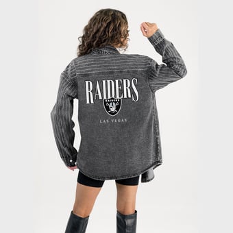 Women's Gameday Couture  Black Las Vegas Raiders End Zone Energy Rhinestone Washed Full-Snap Denim Overshirt
