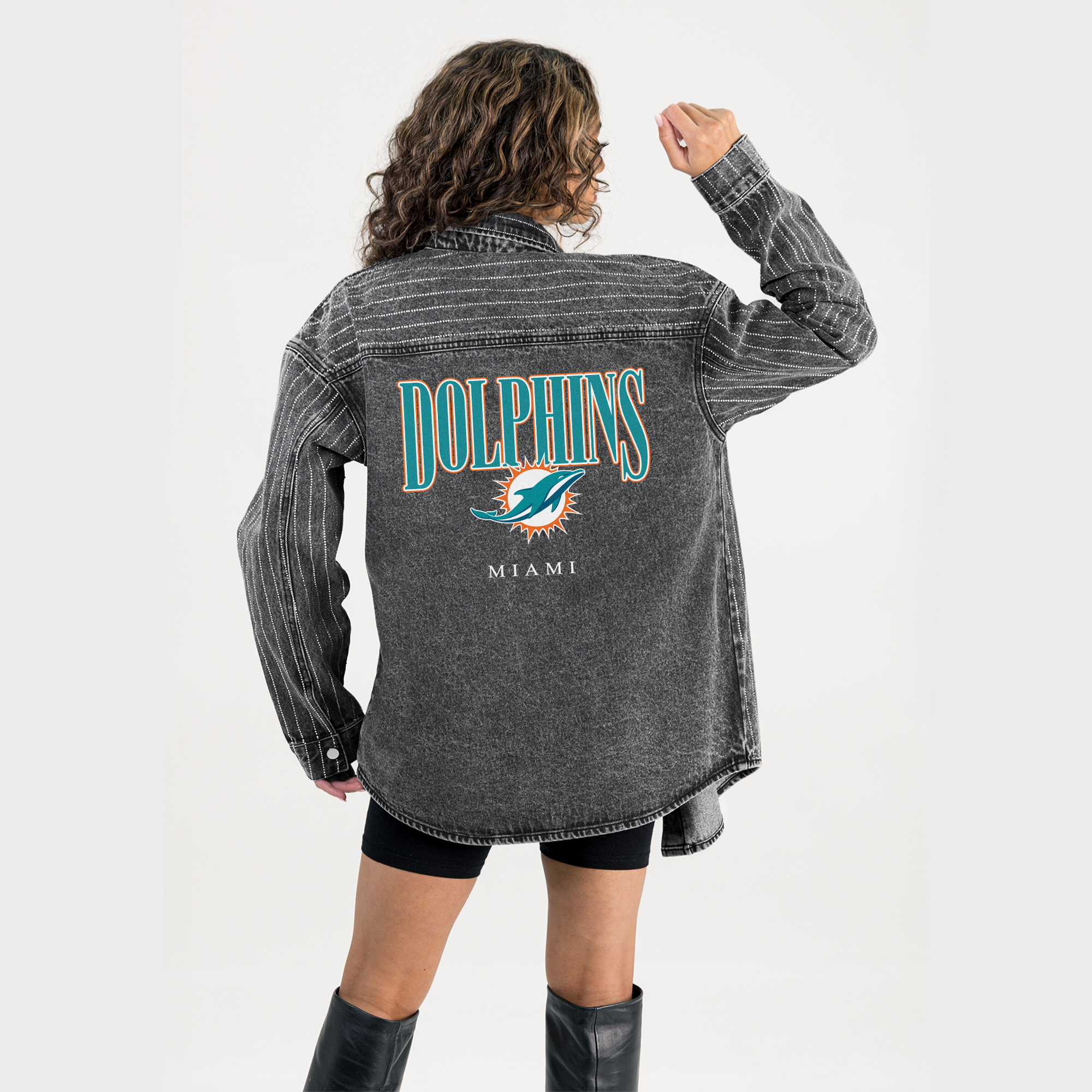 Women's Gameday Couture  Black Miami Dolphins End Zone Energy Rhinestone Washed Full-Snap Denim Overshirt