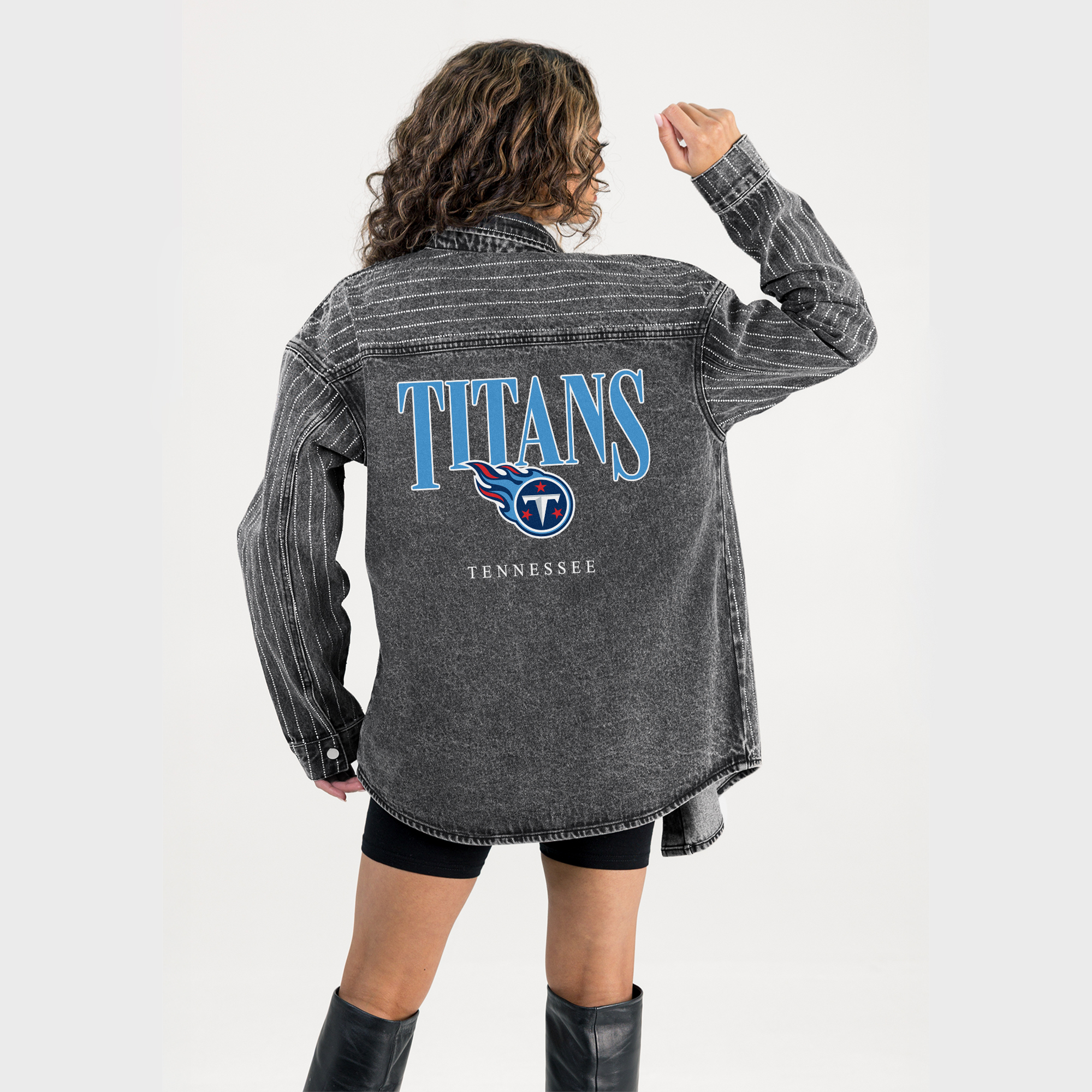 Women's Gameday Couture  Black Tennessee Titans End Zone Energy Rhinestone Washed Full-Snap Denim Overshirt
