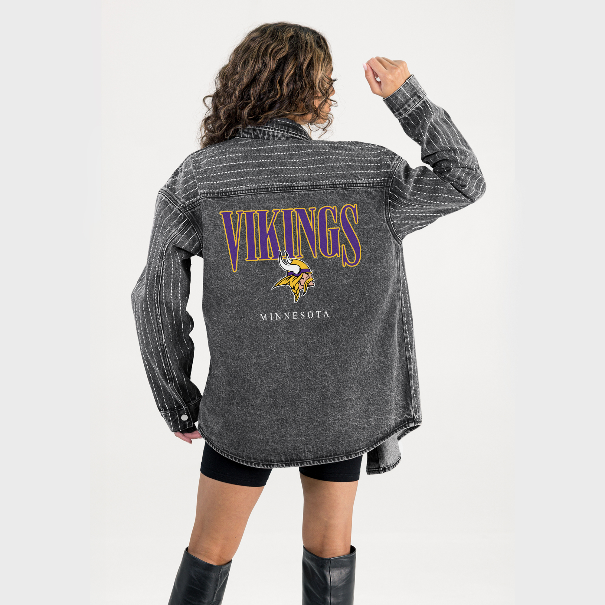 Women's Gameday Couture  Black Minnesota Vikings End Zone Energy Rhinestone Washed Full-Snap Denim Overshirt