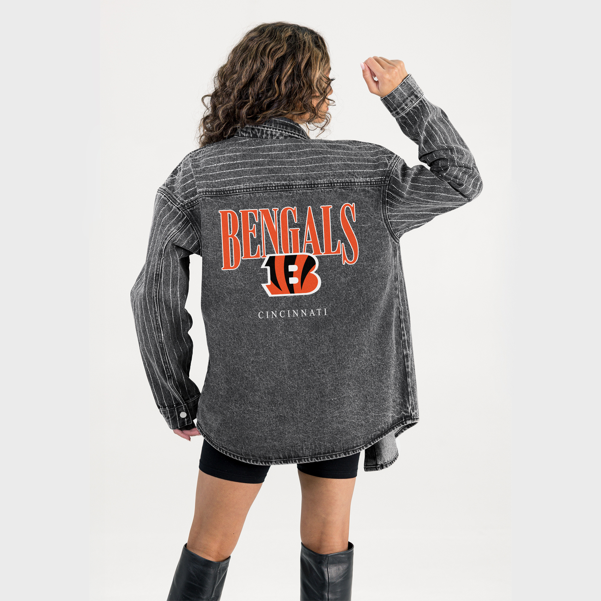 Women's Gameday Couture Black Cincinnati Bengals End Zone Energy Rhinestone Washed Full-Snap Denim Overshirt