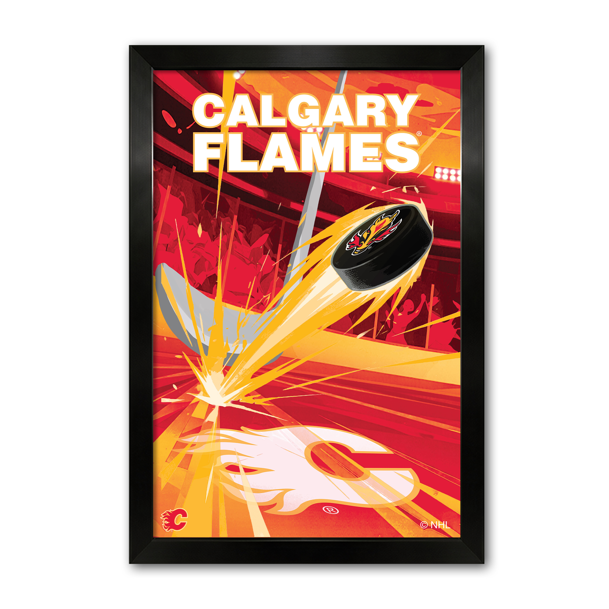 Calgary Flames 14" x 20" Framed Hockey Puck Blast Art Print