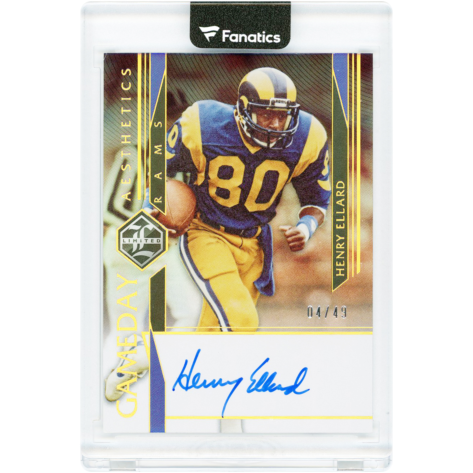 Henry Ellard Los Angeles Rams Autographed 2023 Panini Limited Gold Spotlight Gameday Aesthetics #GDA-HEL #4/49 Card. rookie card picture