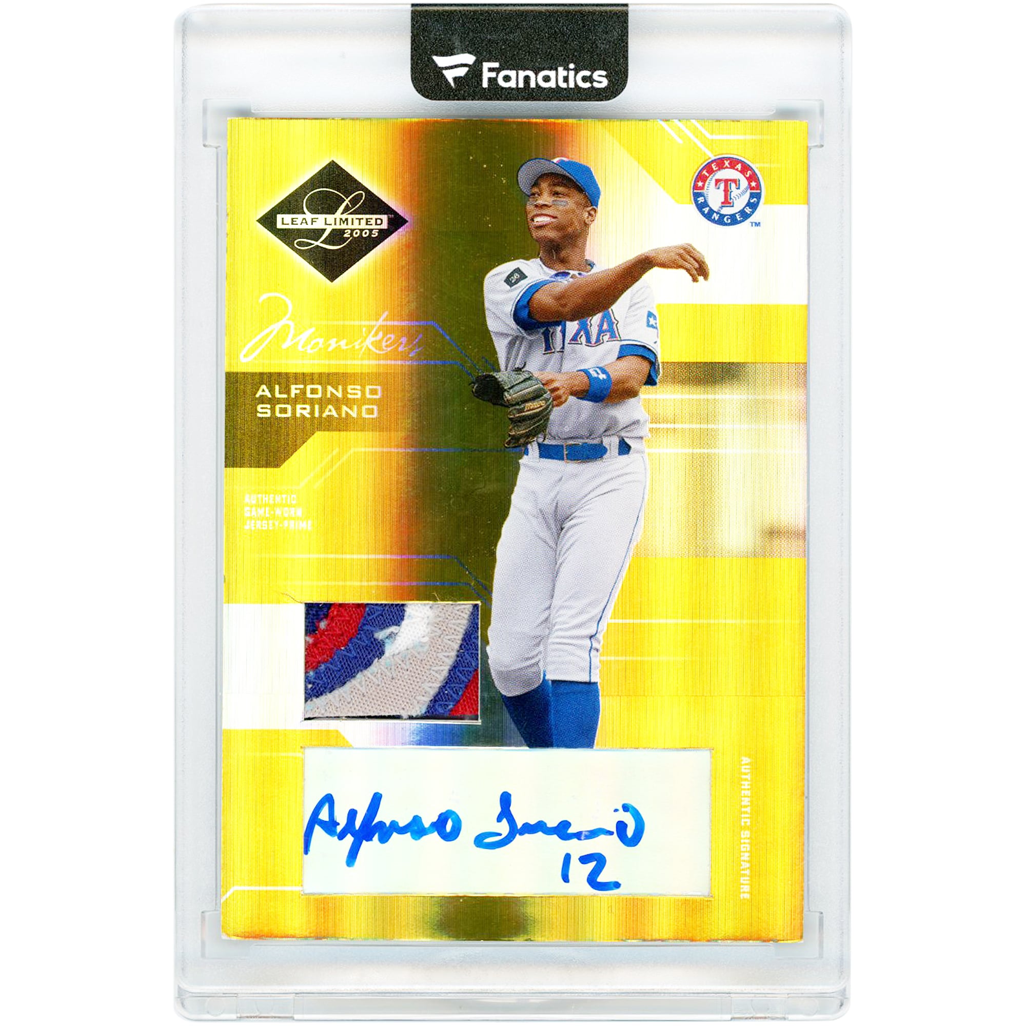 Alfonso Soriano Texas Rangers Autographed 2005 Donruss Leaf Limited Gold Moniker Game Used Tri-Color Relic #107 #22/50 Card