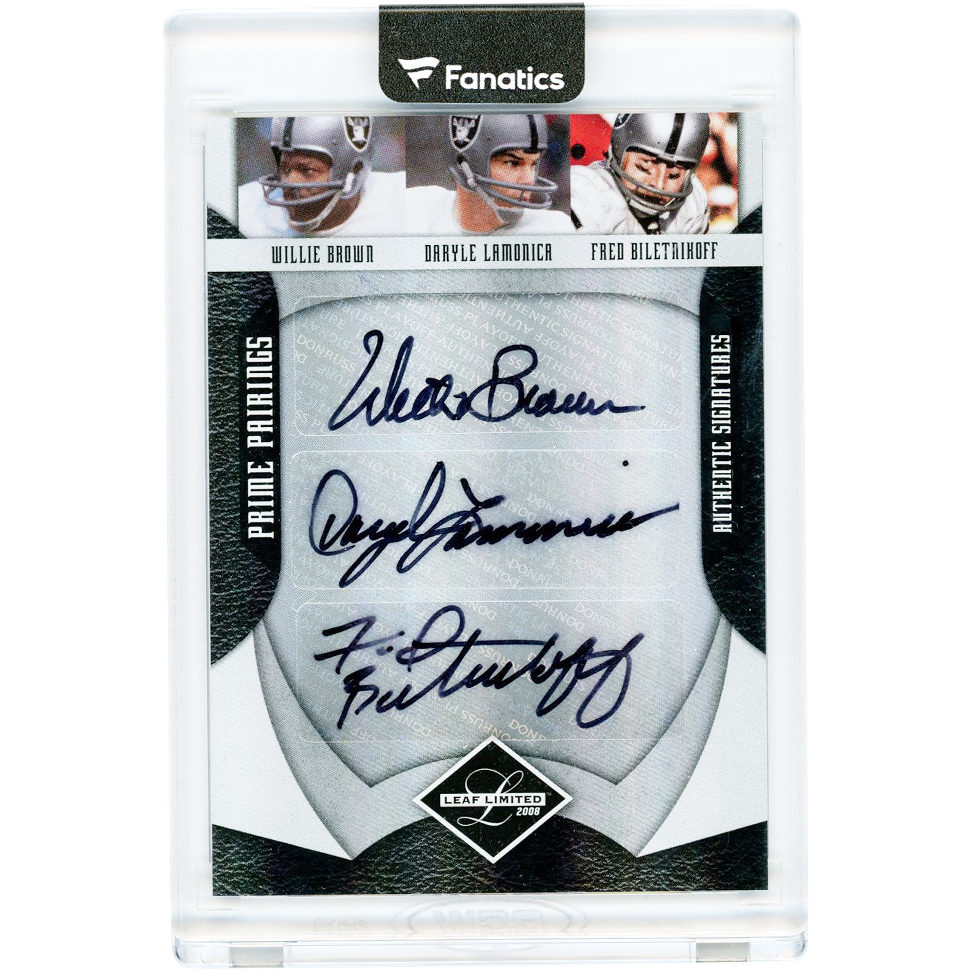 Willie Brown, Daryle Lamonica & Fred Biletnikoff Los Angeles Raiders Autographed 2008 Leaf Limited Prime Pairings #PP-23 #7/25 Card