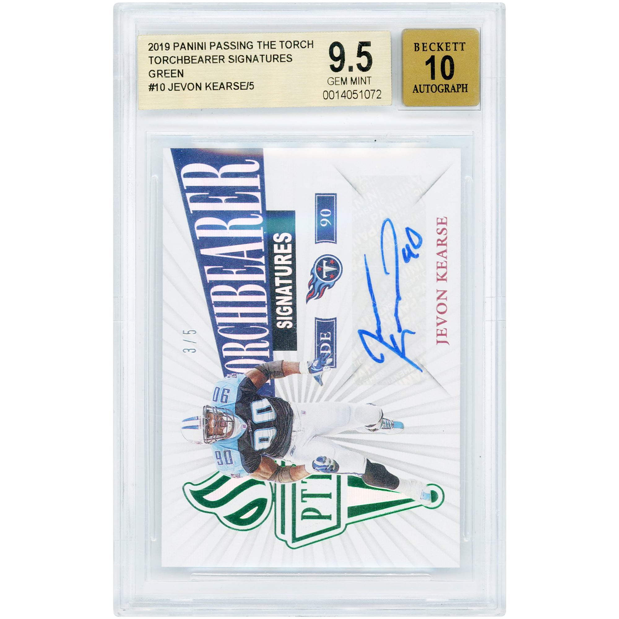 Jevon Kearse Tennessee Titans Autographed 2019 Panini Passing The Torch Torchbearer Signatures Green #TS-10 BGS Authenticated 9.5/10 Card